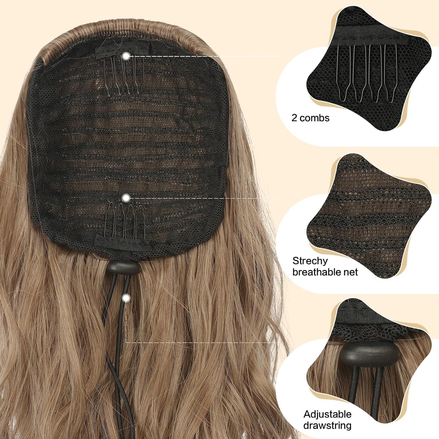 imageFESHFEN Ponytail Extensions Drawstring Ponytails Hair Extension Long Curly Wavy Hair Piece Synthetic Pony Tail Hairpieces for Women Golden Brown Mix Blonde 18 inch1224 Light Brown Mixed Natural Blonde