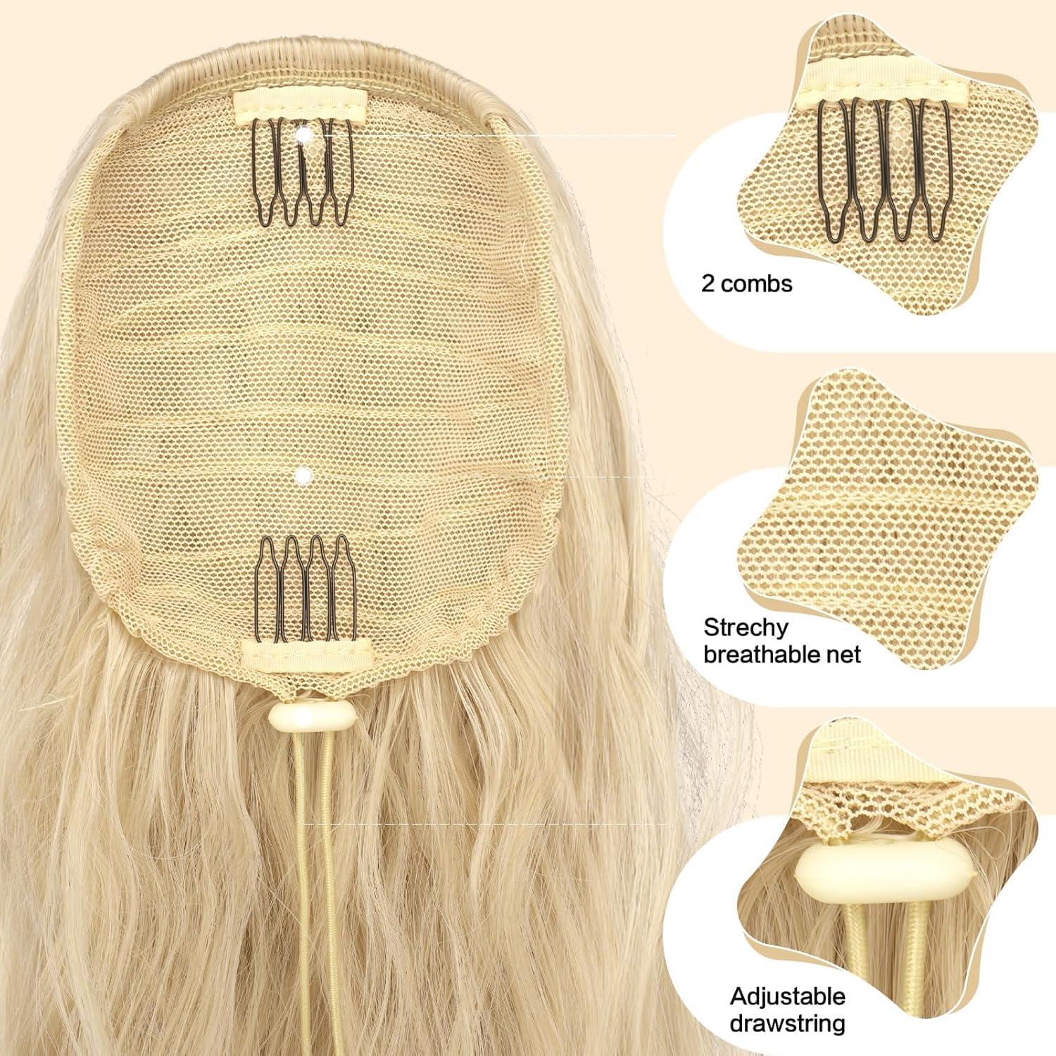 imageFESHFEN Ponytail Extensions Drawstring Ponytails Hair Extension Long Curly Wavy Hair Piece Synthetic Pony Tail Hairpieces for Women Golden Brown Mix Blonde 18 inch2460 Light Blonde