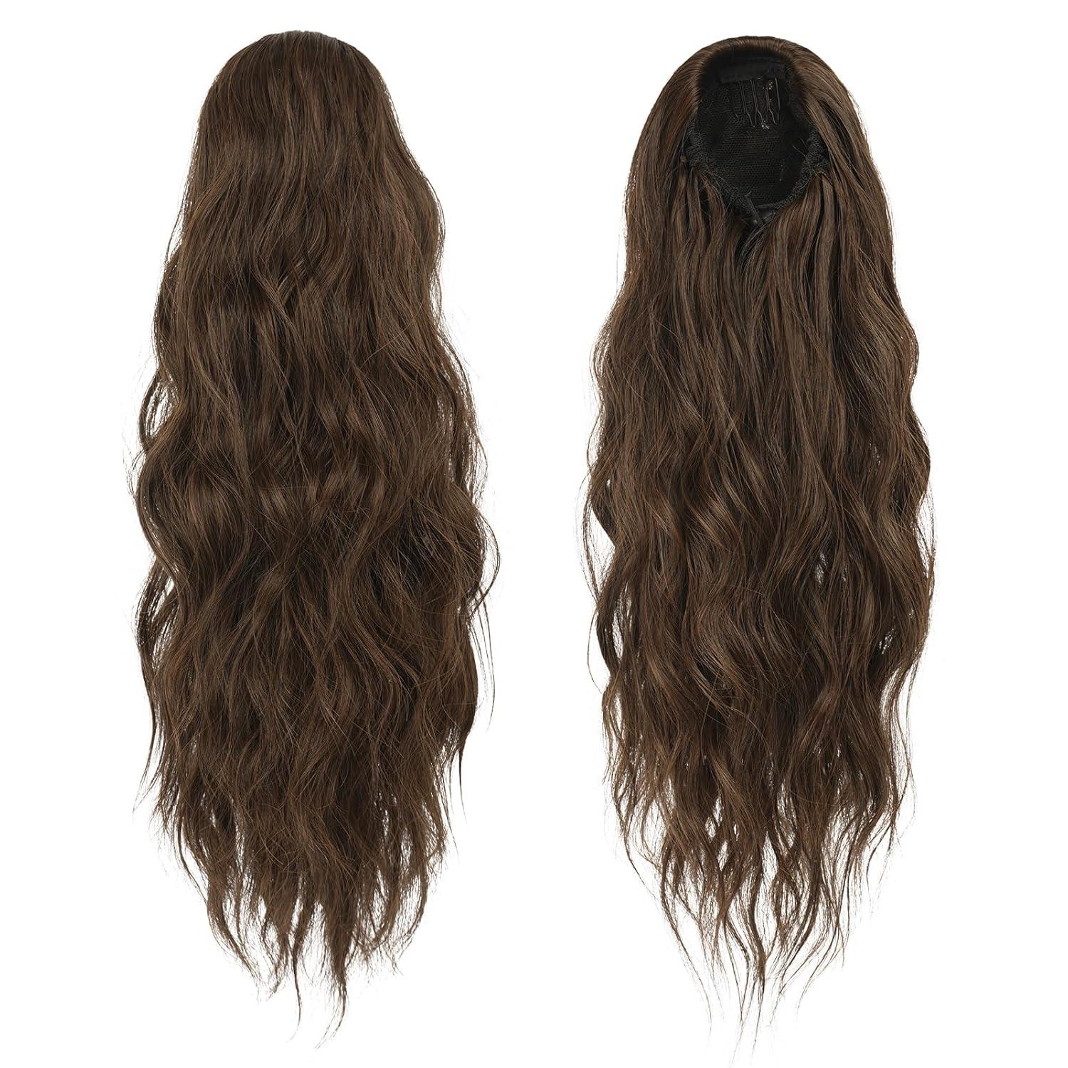 imageFESHFEN Ponytail Extensions Drawstring Ponytails Hair Extension Long Curly Wavy Hair Piece Synthetic Pony Tail Hairpieces for Women Golden Brown Mix Blonde 18 inch430 Brown Light Auburn Mixed