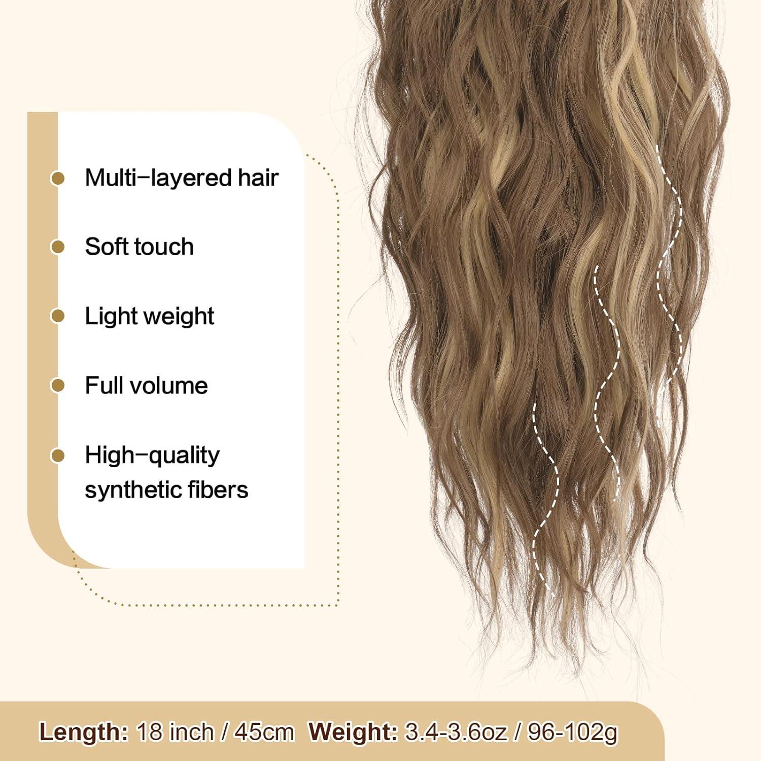 imageFESHFEN Ponytail Extensions Drawstring Ponytails Hair Extension Long Curly Wavy Hair Piece Synthetic Pony Tail Hairpieces for Women Golden Brown Mix Blonde 18 inchLight Brown Blonde