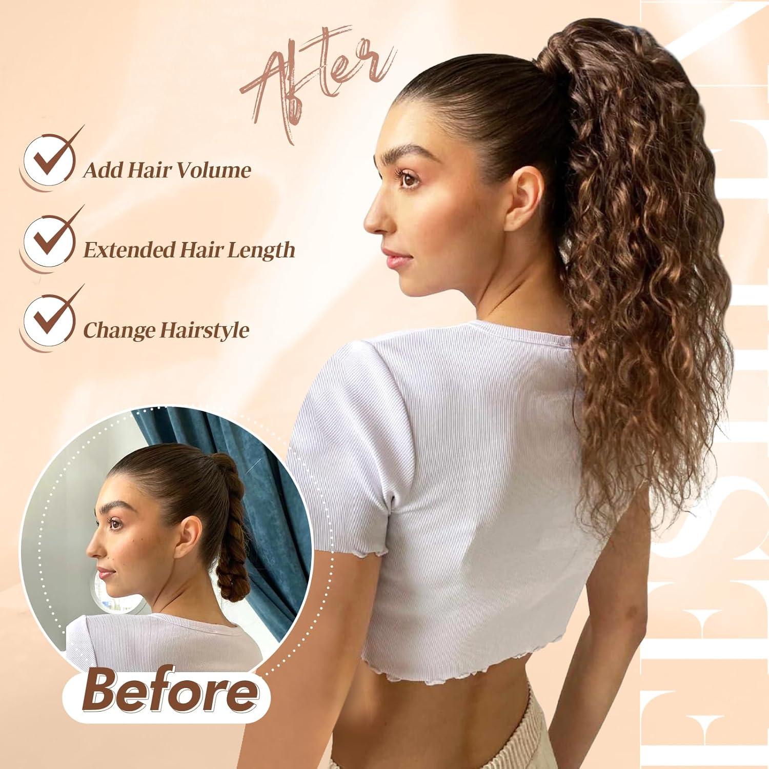 imageFESHFEN Ponytail Extensions Drawstring Ponytails Hair Extension Long Curly Wavy Hair Piece Synthetic Pony Tail Hairpieces for Women Golden Brown Mix Blonde 18 inchChestnut Brown