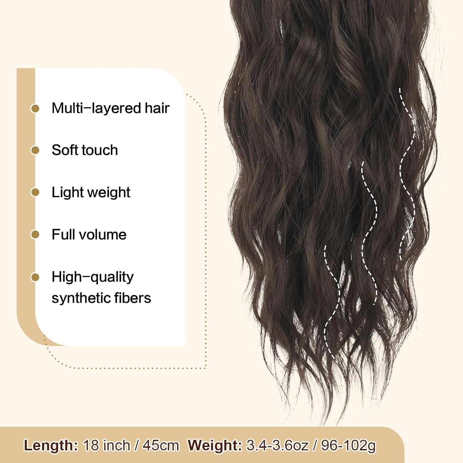 imageFESHFEN Ponytail Extensions Drawstring Ponytails Hair Extension Long Curly Wavy Hair Piece Synthetic Pony Tail Hairpieces for Women Golden Brown Mix Blonde 18 inch6A Dark Brown
