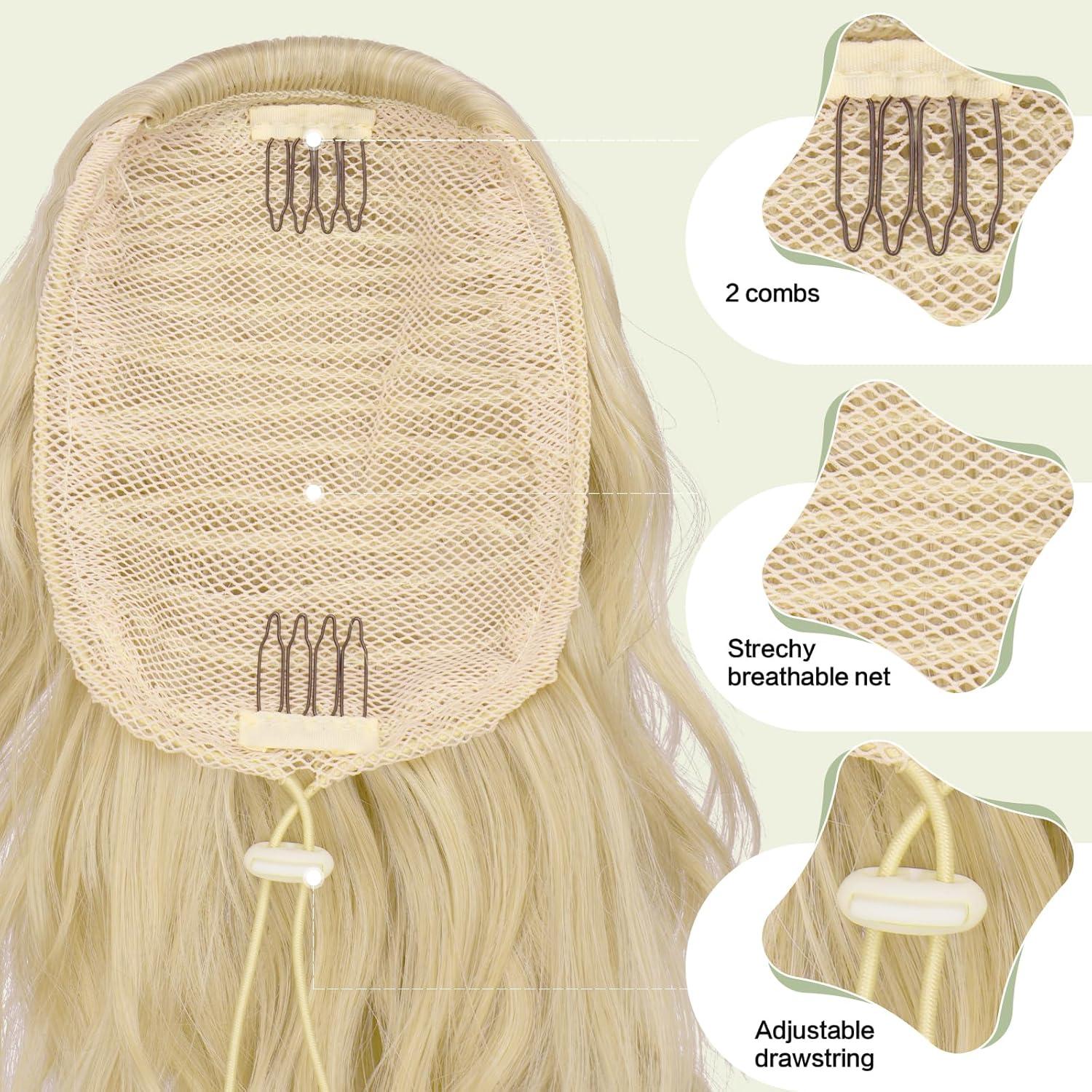 imageFESHFEN Ponytail Extensions Drawstring Ponytails Hair Extension Long Curly Wavy Hair Piece Synthetic Pony Tail Hairpieces for Women Golden Brown Mix Blonde 18 inchAsh Blonde 12 inch