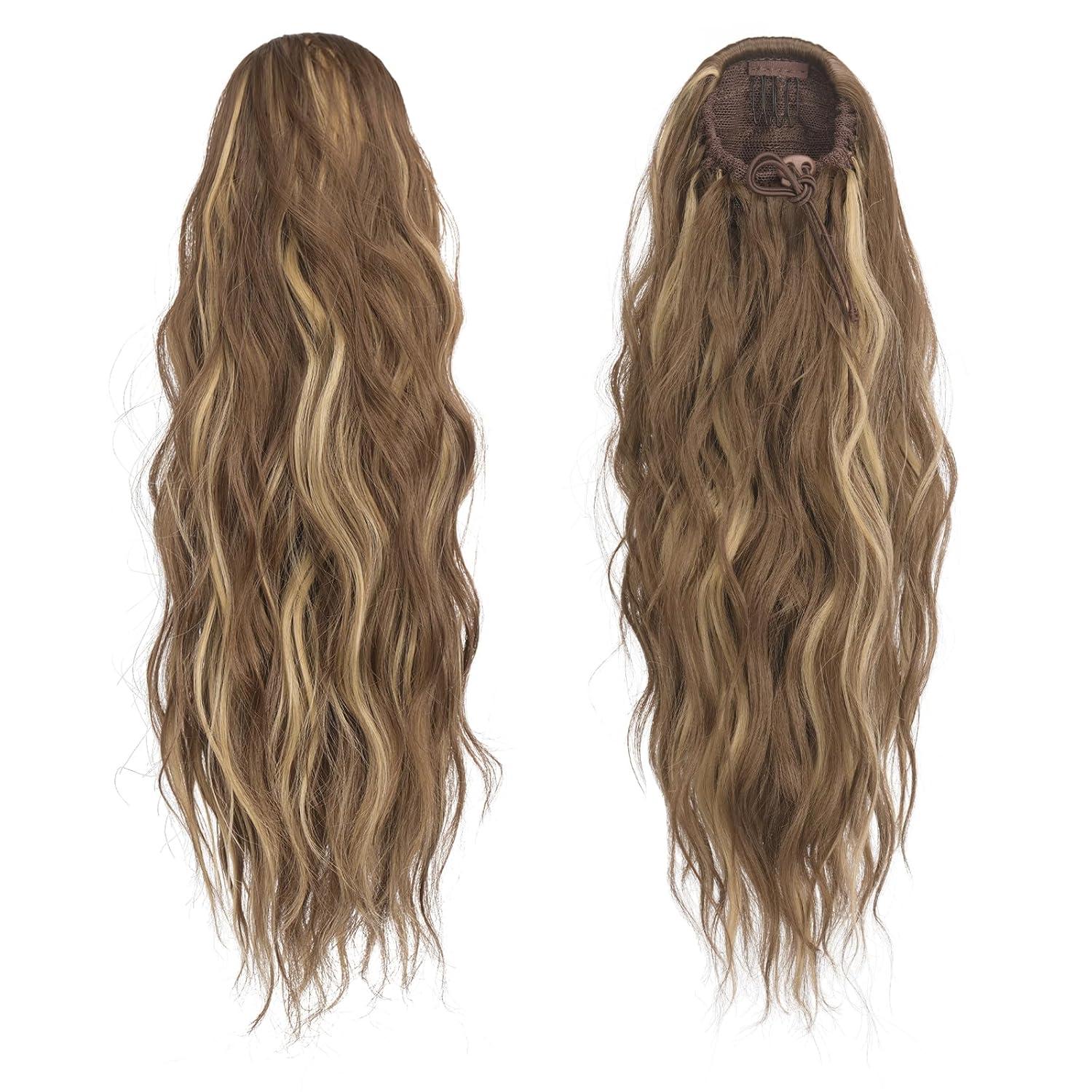 imageFESHFEN Ponytail Extensions Drawstring Ponytails Hair Extension Long Curly Wavy Hair Piece Synthetic Pony Tail Hairpieces for Women Golden Brown Mix Blonde 18 inchLight Brown Blonde