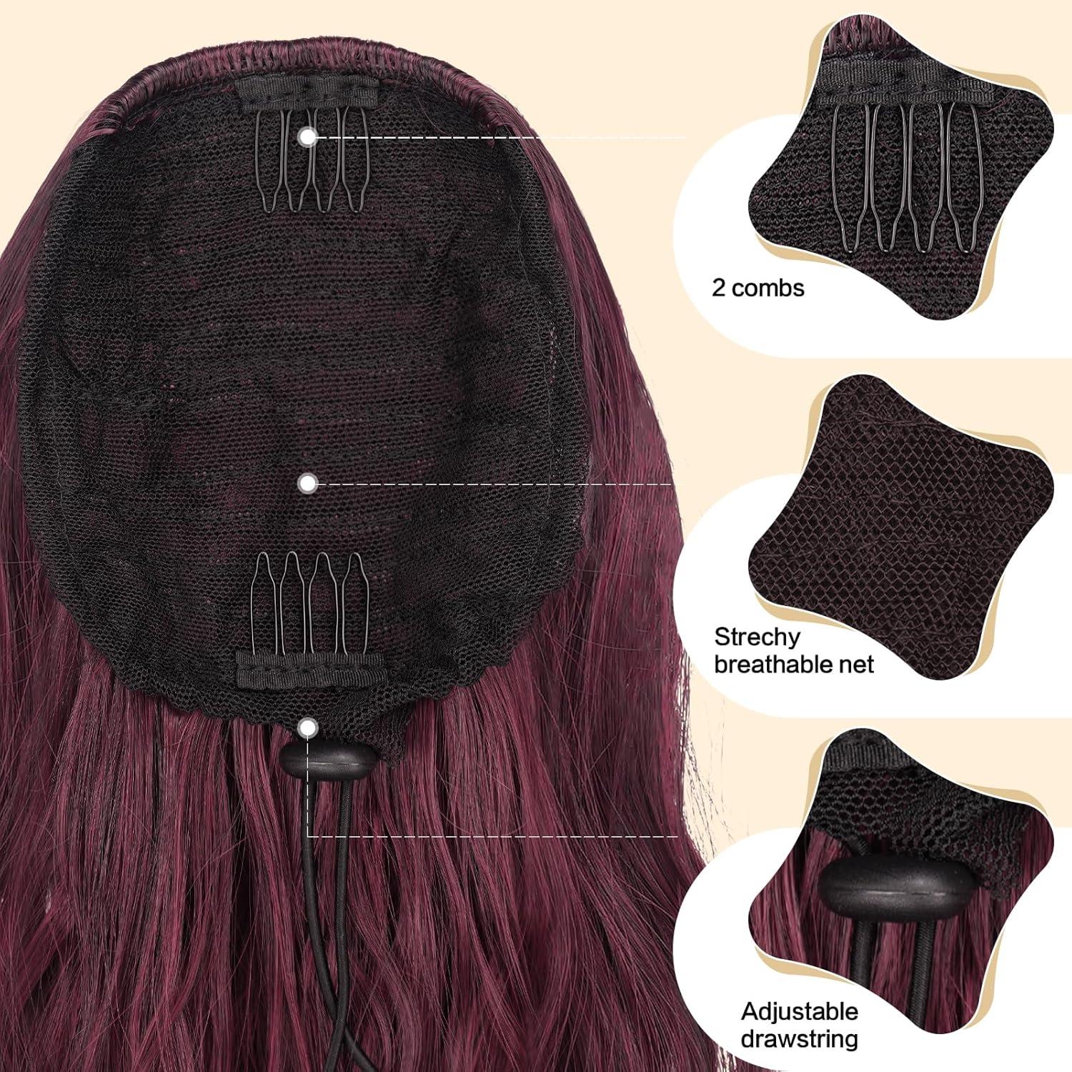 imageFESHFEN Ponytail Extensions Drawstring Ponytails Hair Extension Long Curly Wavy Hair Piece Synthetic Pony Tail Hairpieces for Women Golden Brown Mix Blonde 18 inchBlack Ombre Red