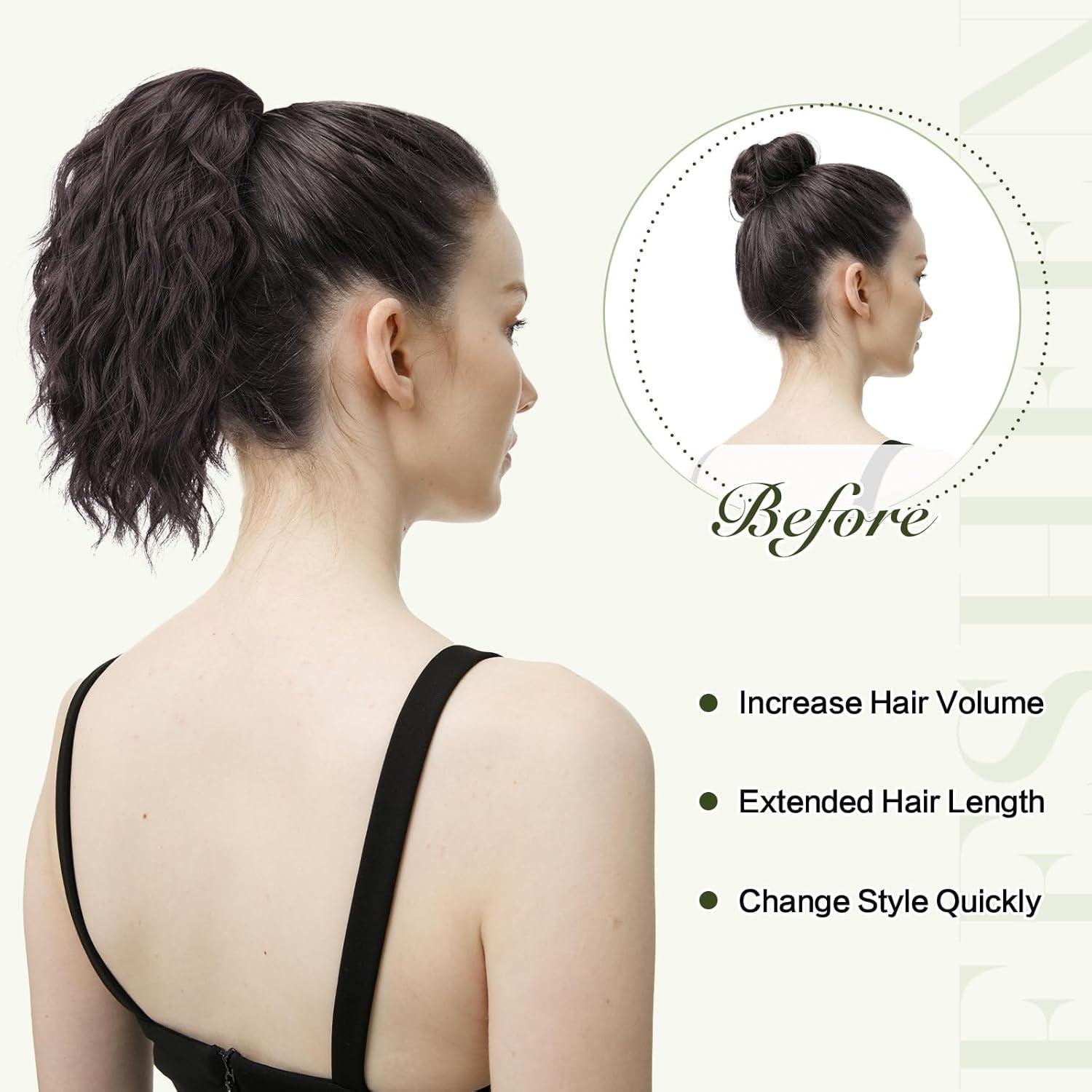 imageFESHFEN Ponytail Extensions Drawstring Ponytails Hair Extension Long Curly Wavy Hair Piece Synthetic Pony Tail Hairpieces for Women Golden Brown Mix Blonde 18 inchAsh Blonde 12 inch