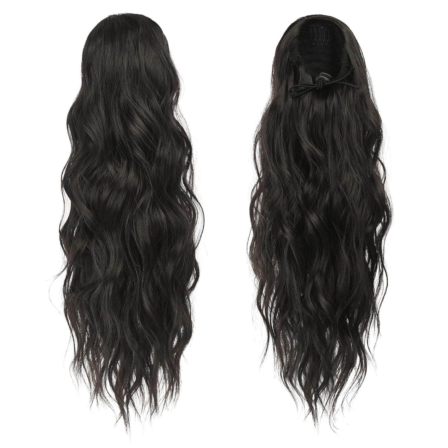 imageFESHFEN Ponytail Extensions Drawstring Ponytails Hair Extension Long Curly Wavy Hair Piece Synthetic Pony Tail Hairpieces for Women Golden Brown Mix Blonde 18 inch2 Natural Black