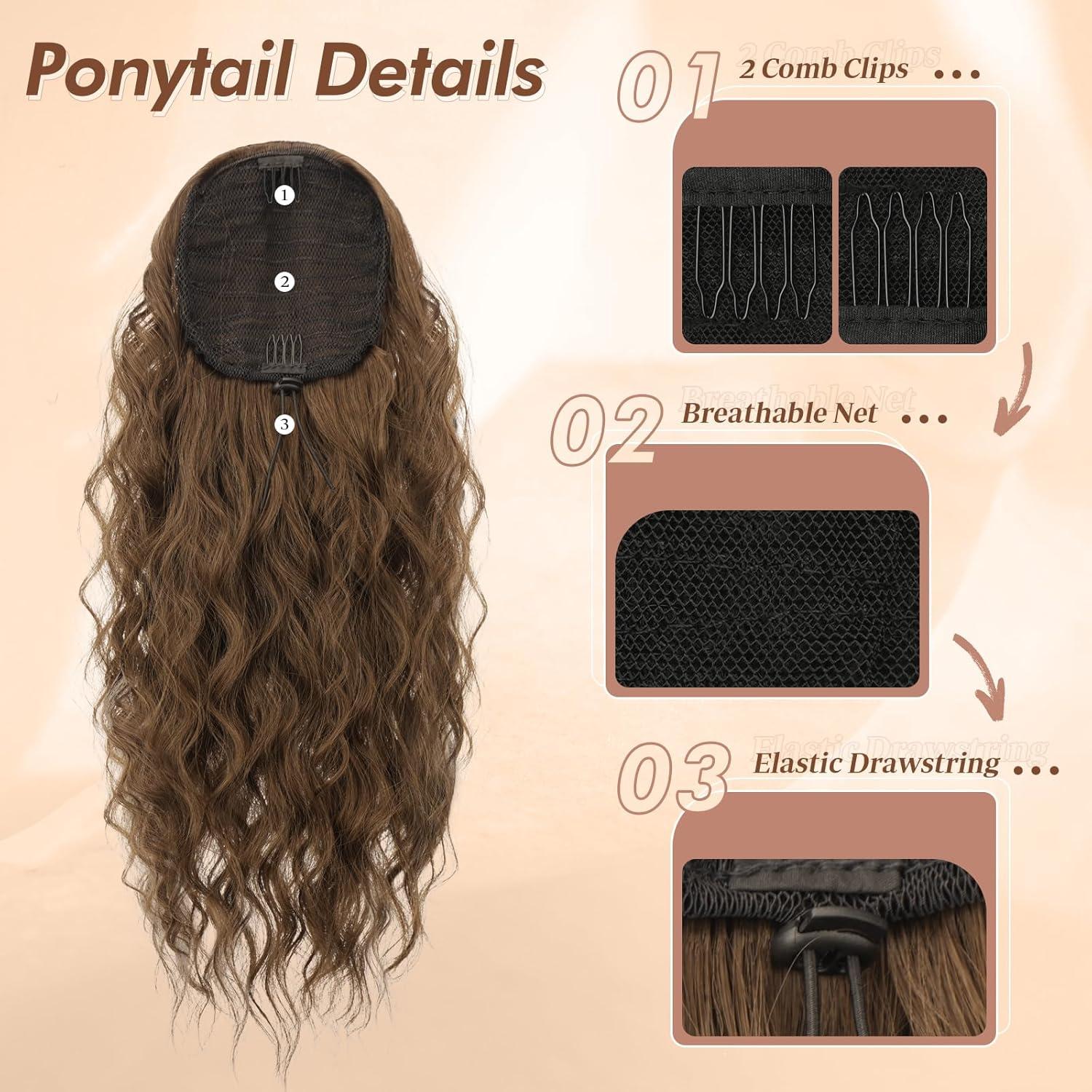imageFESHFEN Ponytail Extensions Drawstring Ponytails Hair Extension Long Curly Wavy Hair Piece Synthetic Pony Tail Hairpieces for Women Golden Brown Mix Blonde 18 inchChestnut Brown