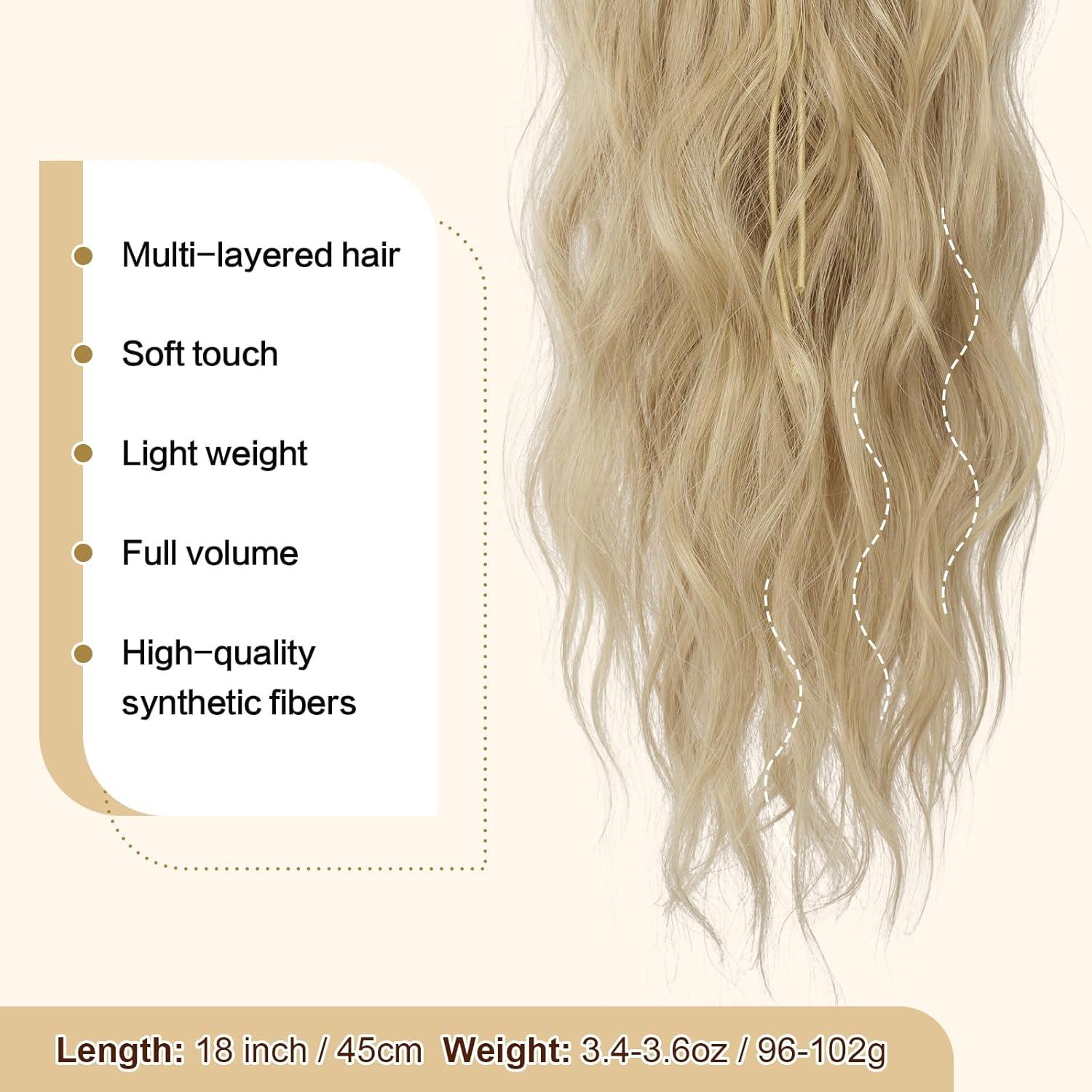 imageFESHFEN Ponytail Extensions Drawstring Ponytails Hair Extension Long Curly Wavy Hair Piece Synthetic Pony Tail Hairpieces for Women Golden Brown Mix Blonde 18 inch16613 AshBlonde