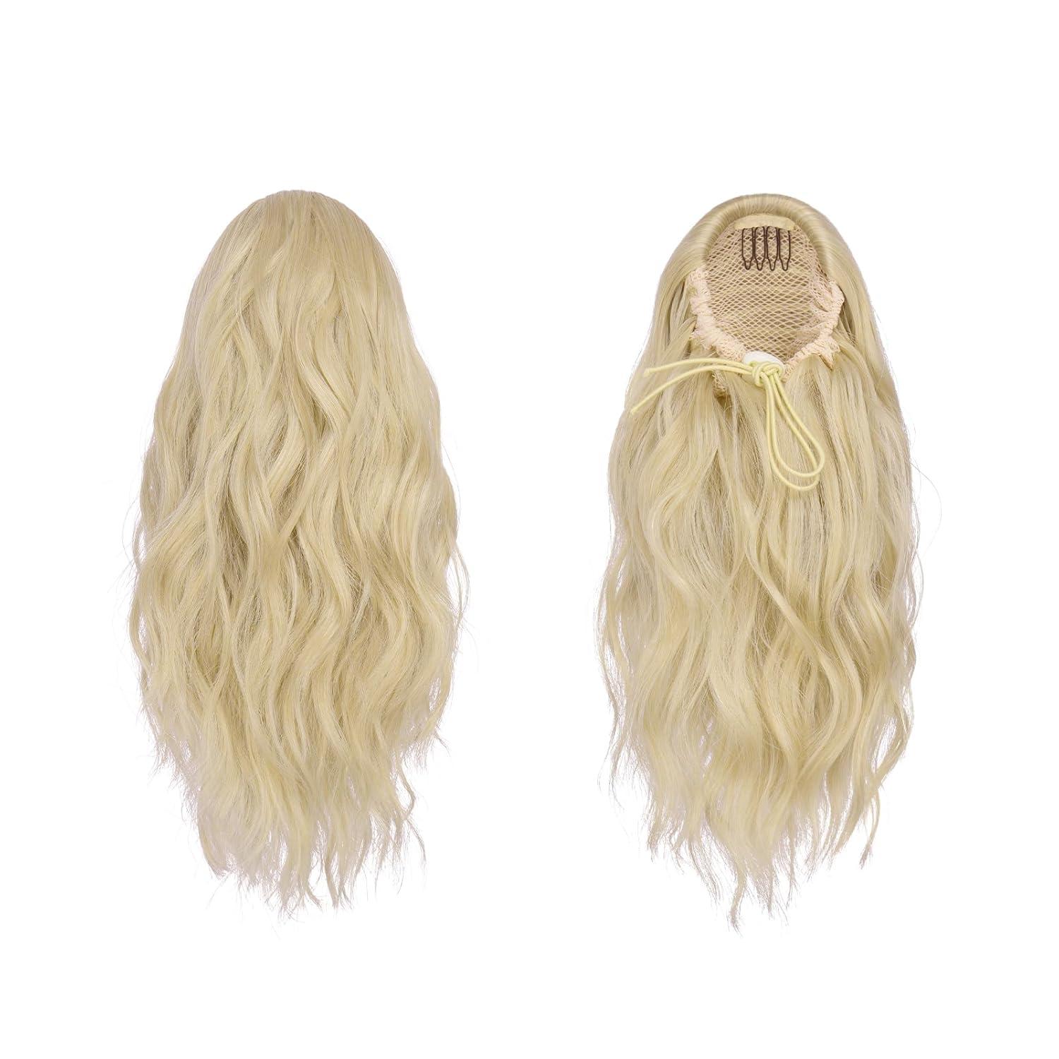 imageFESHFEN Ponytail Extensions Drawstring Ponytails Hair Extension Long Curly Wavy Hair Piece Synthetic Pony Tail Hairpieces for Women Golden Brown Mix Blonde 18 inchAsh Blonde 12 inch