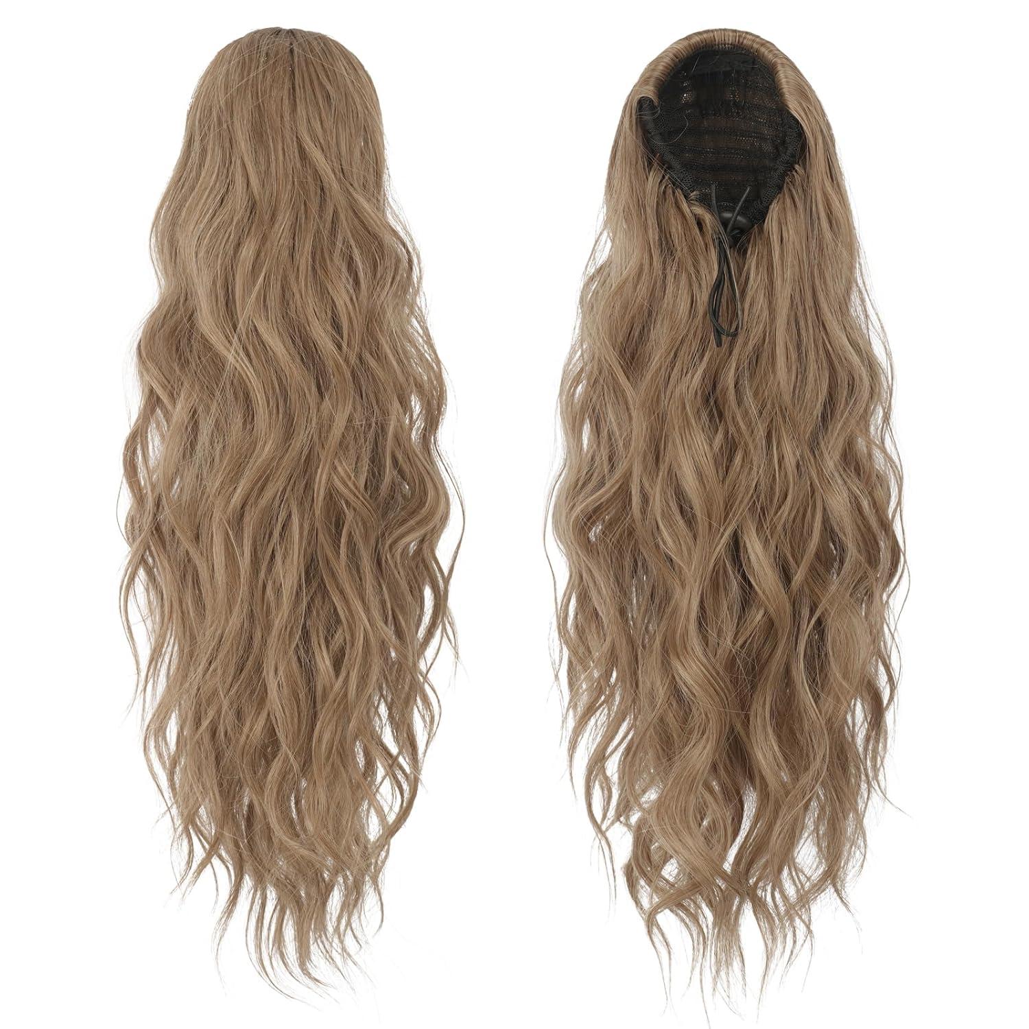 imageFESHFEN Ponytail Extensions Drawstring Ponytails Hair Extension Long Curly Wavy Hair Piece Synthetic Pony Tail Hairpieces for Women Golden Brown Mix Blonde 18 inch1224 Light Brown Mixed Natural Blonde