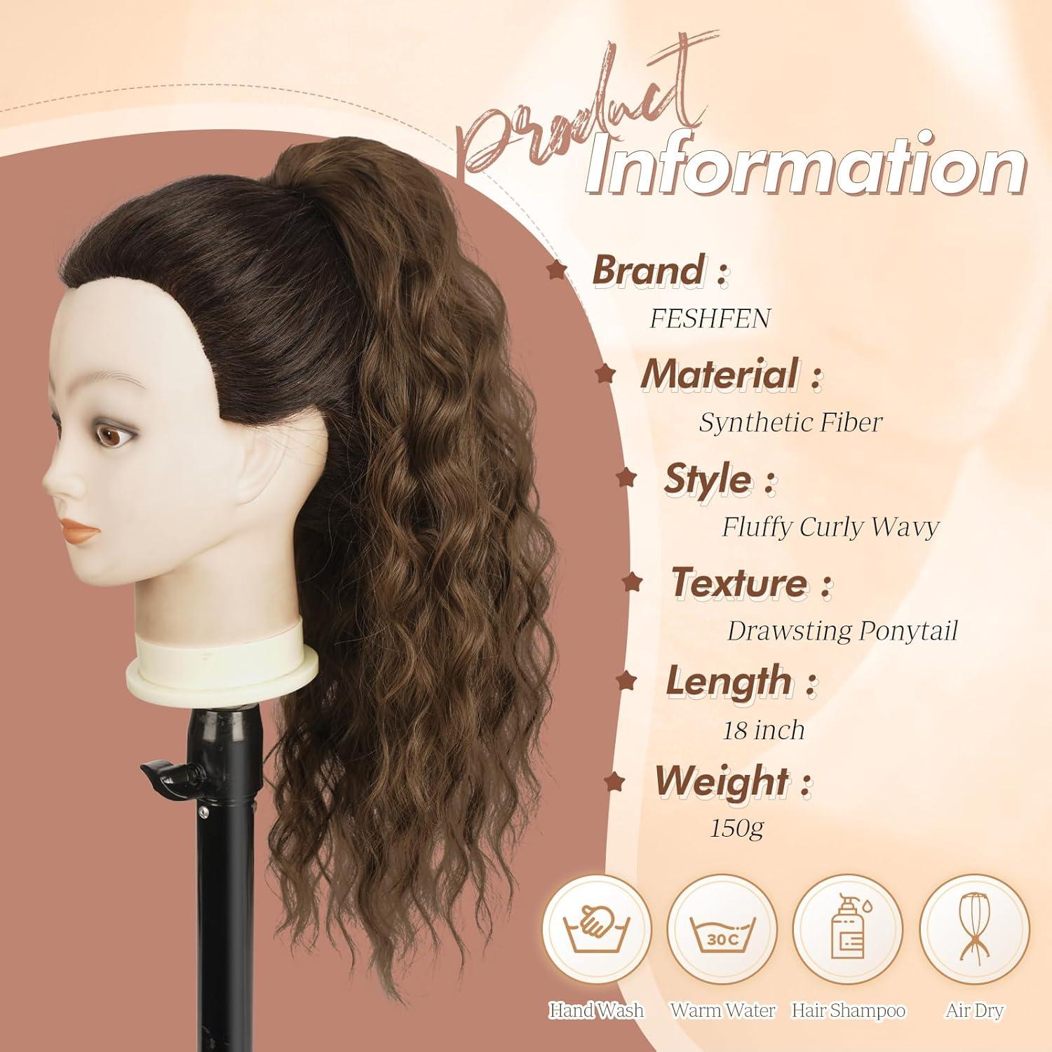 imageFESHFEN Ponytail Extensions Drawstring Ponytails Hair Extension Long Curly Wavy Hair Piece Synthetic Pony Tail Hairpieces for Women Golden Brown Mix Blonde 18 inchChestnut Brown