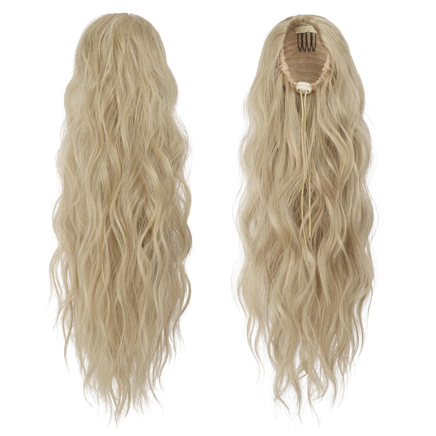 imageFESHFEN Ponytail Extensions Drawstring Ponytails Hair Extension Long Curly Wavy Hair Piece Synthetic Pony Tail Hairpieces for Women Golden Brown Mix Blonde 18 inch16613 AshBlonde