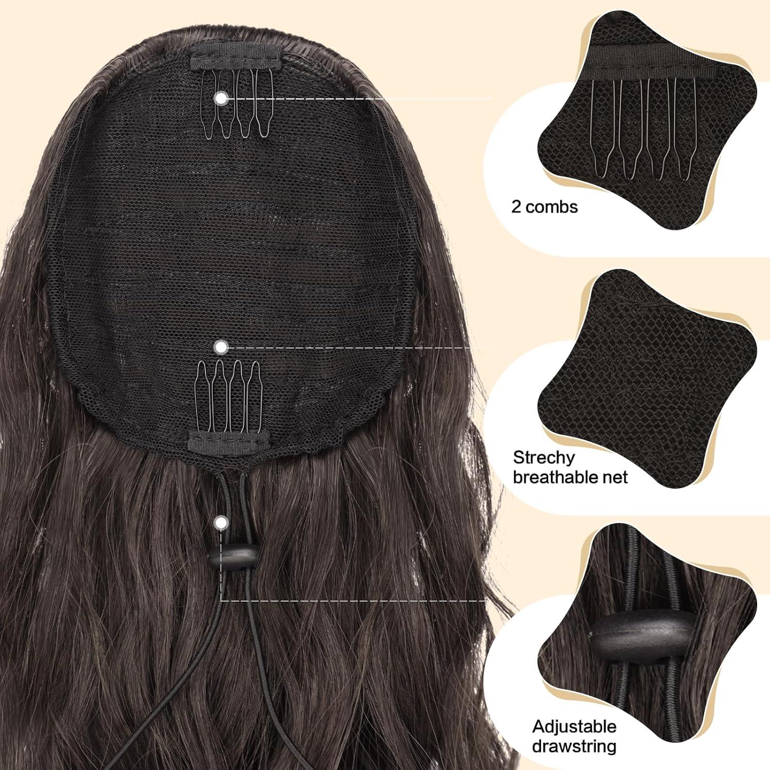 imageFESHFEN Ponytail Extensions Drawstring Ponytails Hair Extension Long Curly Wavy Hair Piece Synthetic Pony Tail Hairpieces for Women Golden Brown Mix Blonde 18 inch46A Mixed Brown