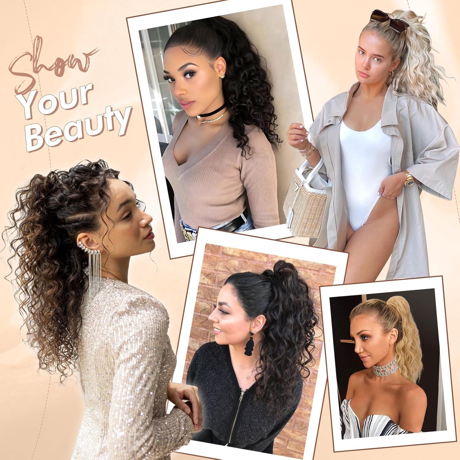 imageFESHFEN Ponytail Extensions Drawstring Ponytails Hair Extension Long Curly Wavy Hair Piece Synthetic Pony Tail Hairpieces for Women Golden Brown Mix Blonde 18 inchChestnut Brown