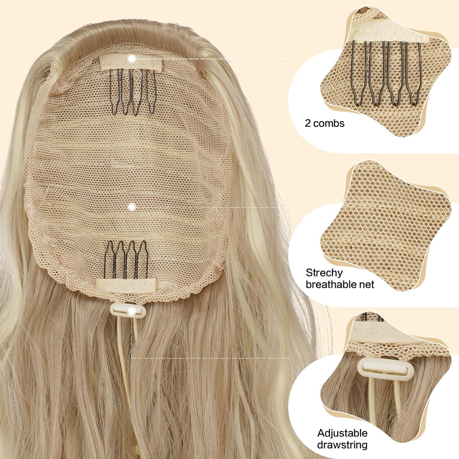 imageFESHFEN Ponytail Extensions Drawstring Ponytails Hair Extension Long Curly Wavy Hair Piece Synthetic Pony Tail Hairpieces for Women Golden Brown Mix Blonde 18 inch16H613 Dirty Blonde