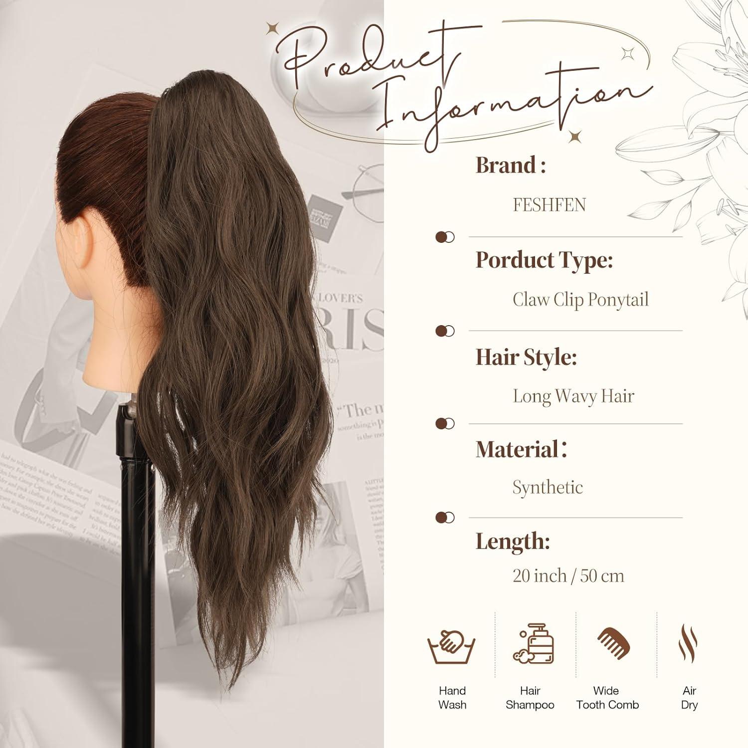 imageFESHFEN Ponytail Extensions Long Claw Clip in Ponytail Hairpiece Synthetic Pony Tails Hair Piece Natural Wavy Hairpieces for Women 20 inch Dirty BlondeChestnut Brown