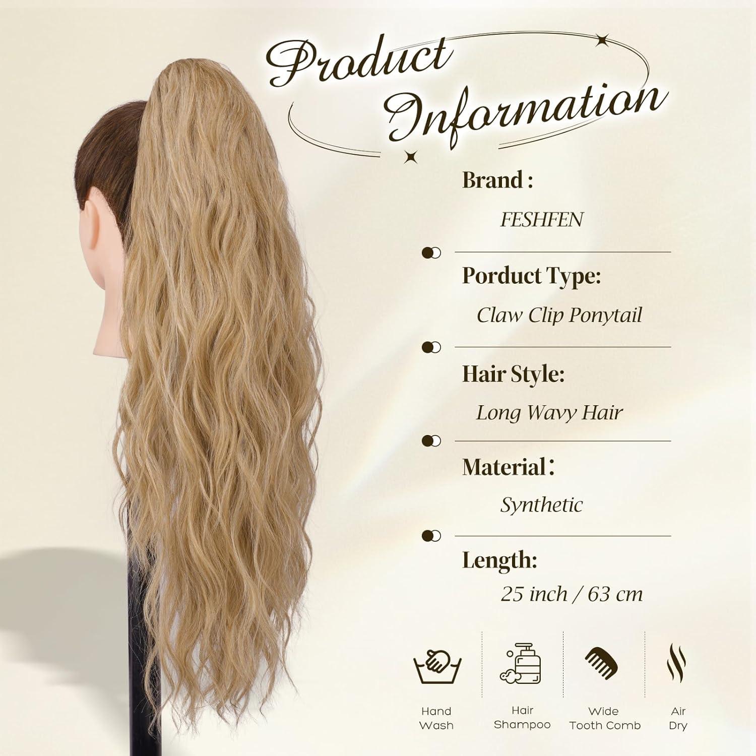 imageFESHFEN Ponytail Extensions Long Claw Clip in Ponytail Hairpiece Synthetic Pony Tails Hair Piece Natural Wavy Hairpieces for Women 20 inch Dirty Blonde27613A Mixed Blonde