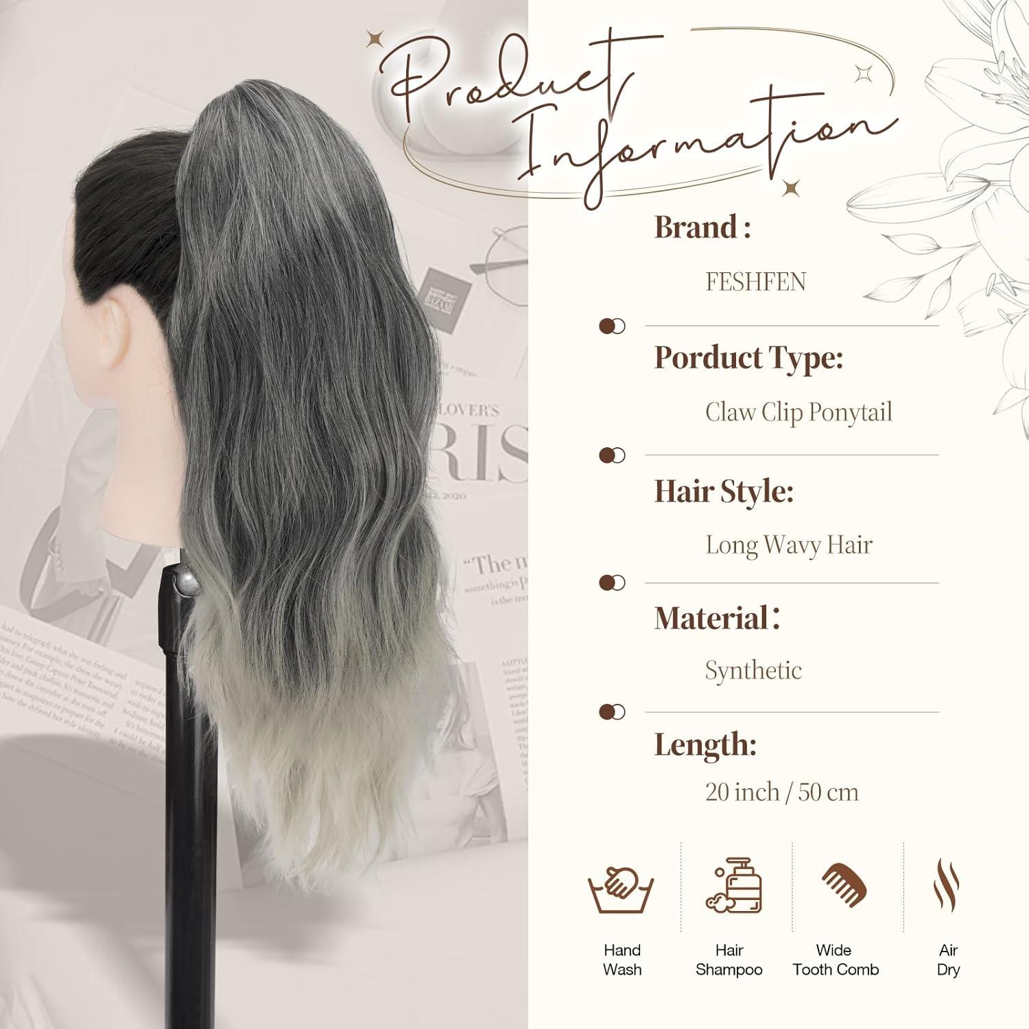 imageFESHFEN Ponytail Extensions Long Claw Clip in Ponytail Hairpiece Synthetic Pony Tails Hair Piece Natural Wavy Hairpieces for Women 20 inch Dirty BlondeBlack Gray and White Tips