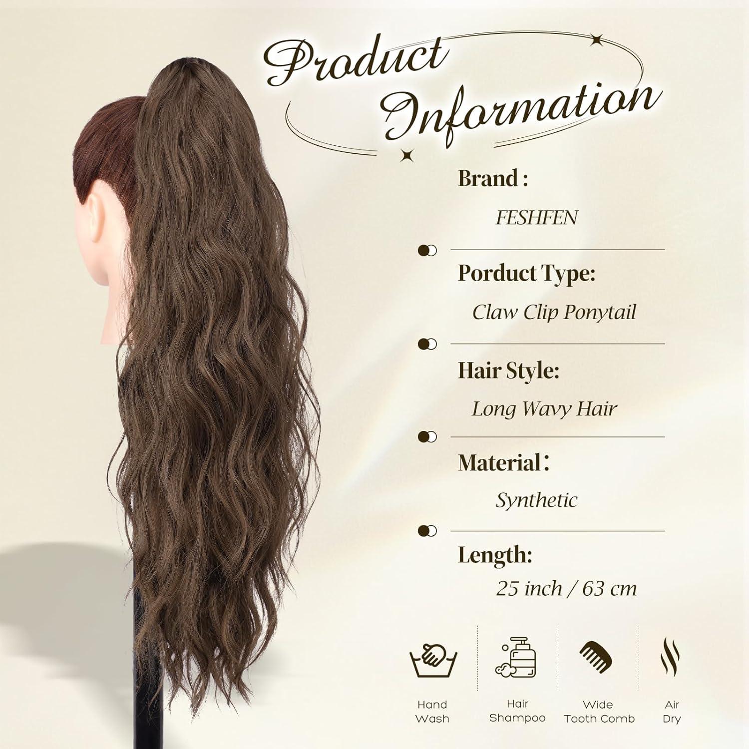 imageFESHFEN Ponytail Extensions Long Claw Clip in Ponytail Hairpiece Synthetic Pony Tails Hair Piece Natural Wavy Hairpieces for Women 20 inch Dirty Blonde810 Chestnut Brown
