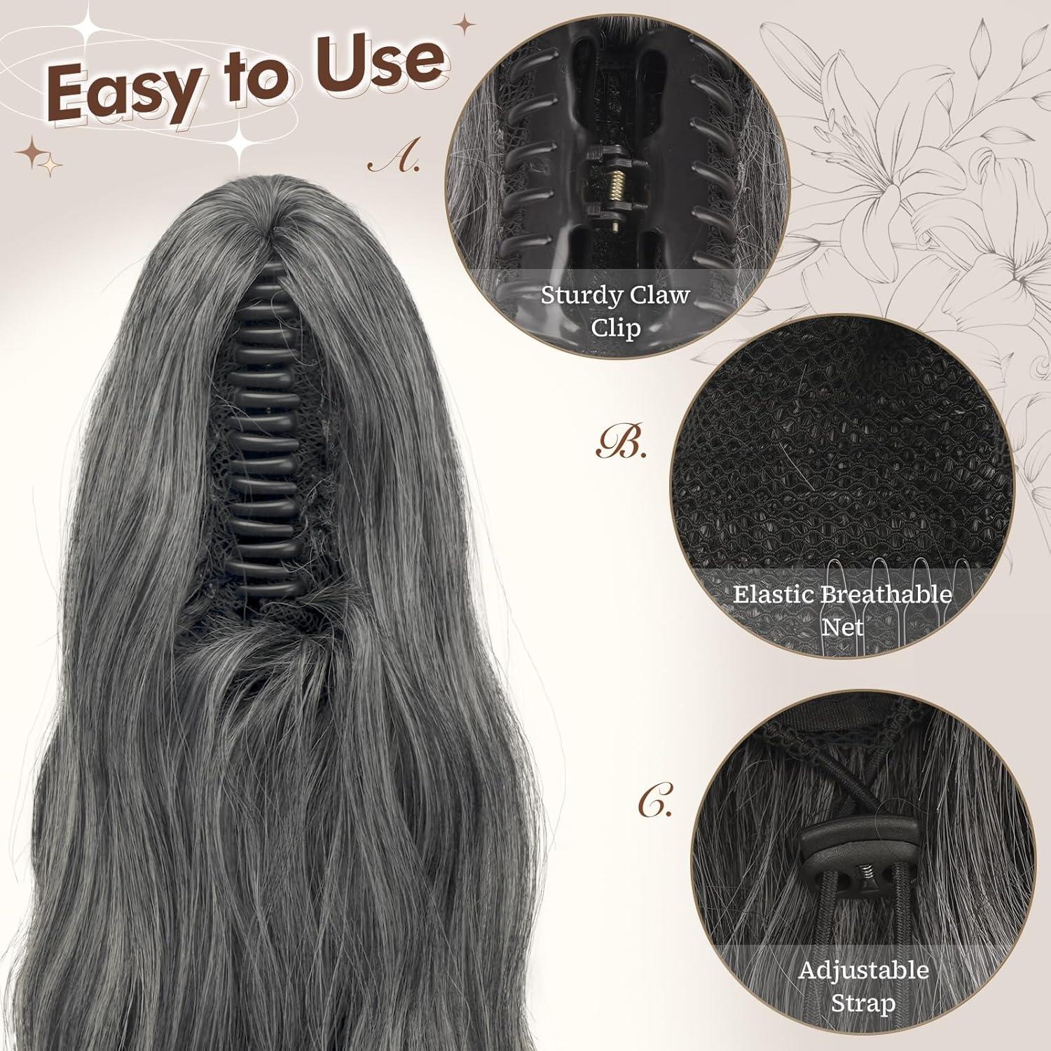 imageFESHFEN Ponytail Extensions Long Claw Clip in Ponytail Hairpiece Synthetic Pony Tails Hair Piece Natural Wavy Hairpieces for Women 20 inch Dirty BlondeBlack Gray and White Tips