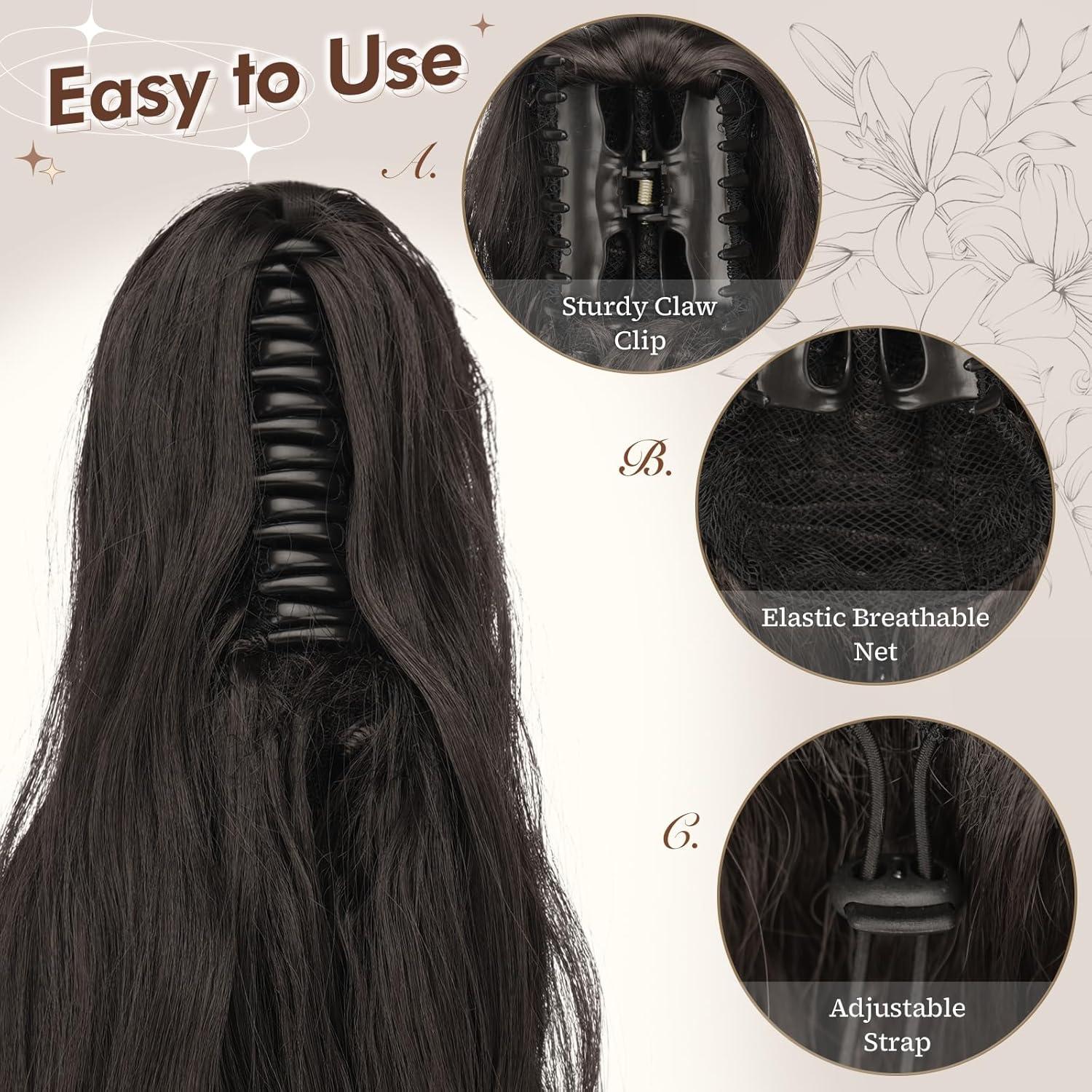 imageFESHFEN Ponytail Extensions Long Claw Clip in Ponytail Hairpiece Synthetic Pony Tails Hair Piece Natural Wavy Hairpieces for Women 20 inch Dirty BlondeBlack Brown