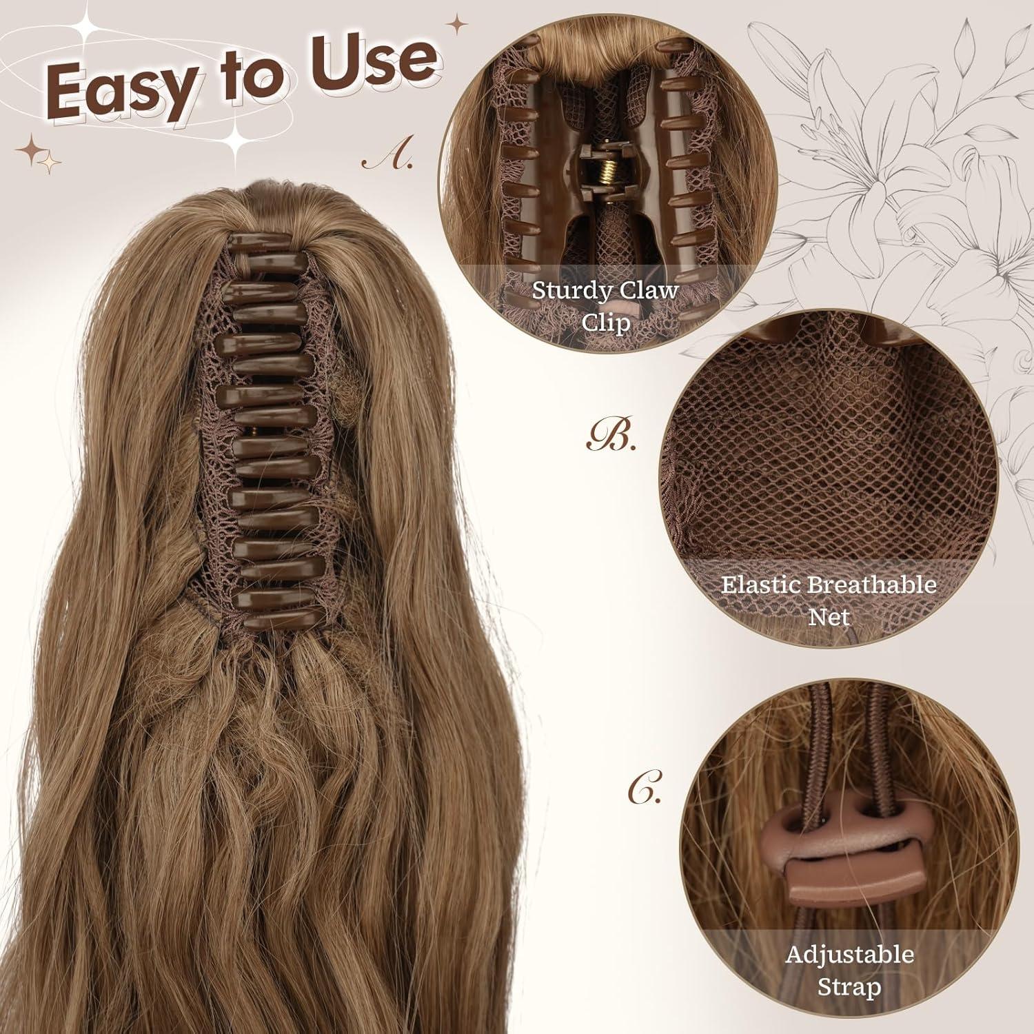 imageFESHFEN Ponytail Extensions Long Claw Clip in Ponytail Hairpiece Synthetic Pony Tails Hair Piece Natural Wavy Hairpieces for Women 20 inch Dirty BlondeBrown Blonde