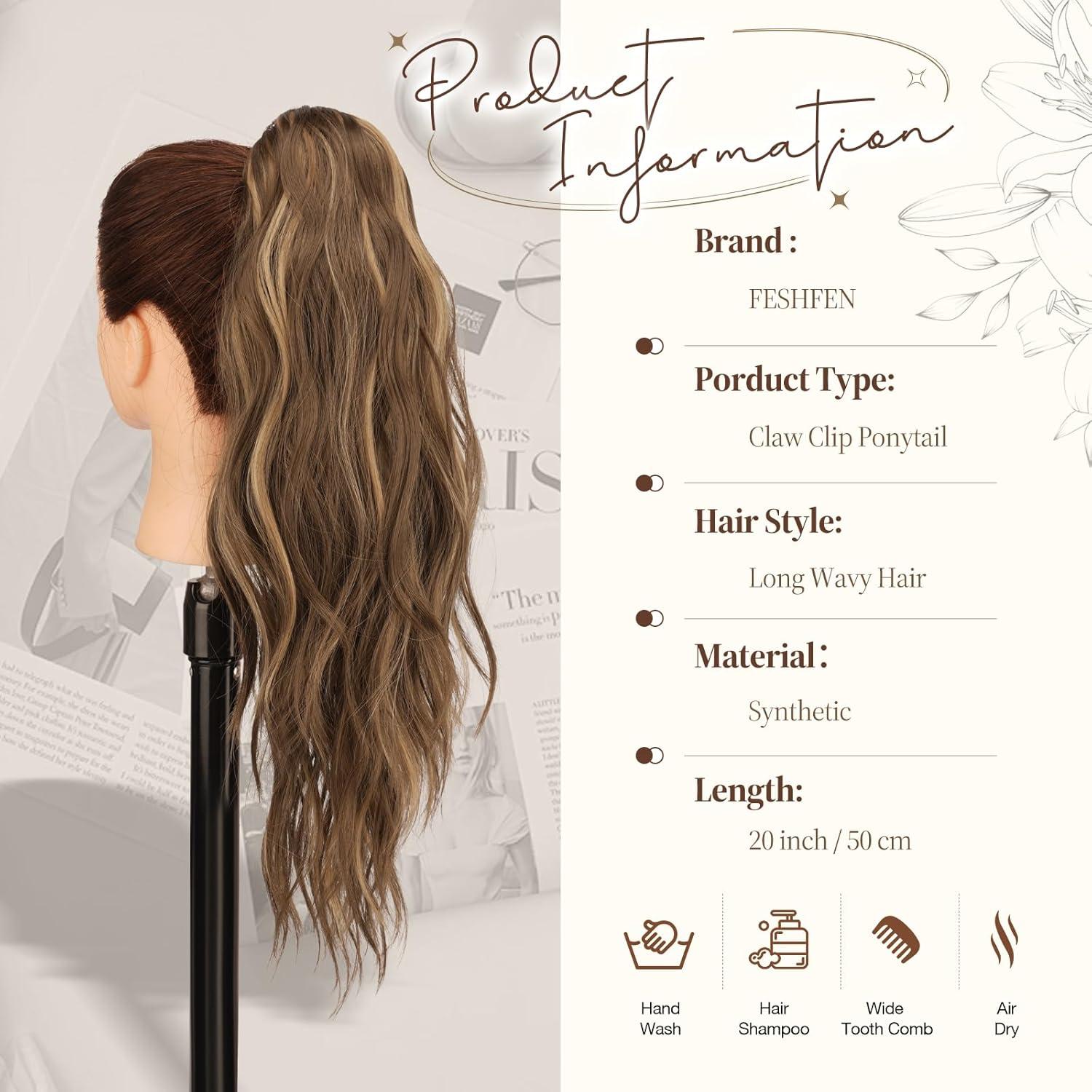 imageFESHFEN Ponytail Extensions Long Claw Clip in Ponytail Hairpiece Synthetic Pony Tails Hair Piece Natural Wavy Hairpieces for Women 20 inch Dirty BlondeHoney Blonde Mixed Light Brown