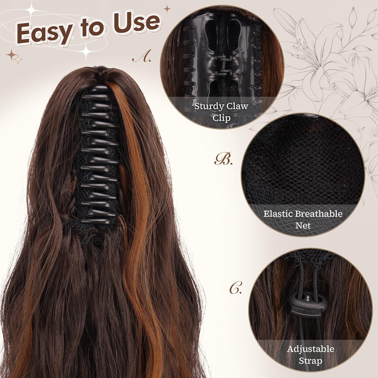 imageFESHFEN Ponytail Extensions Long Claw Clip in Ponytail Hairpiece Synthetic Pony Tails Hair Piece Natural Wavy Hairpieces for Women 20 inch Dirty BlondeDark Brown and Light Auburn