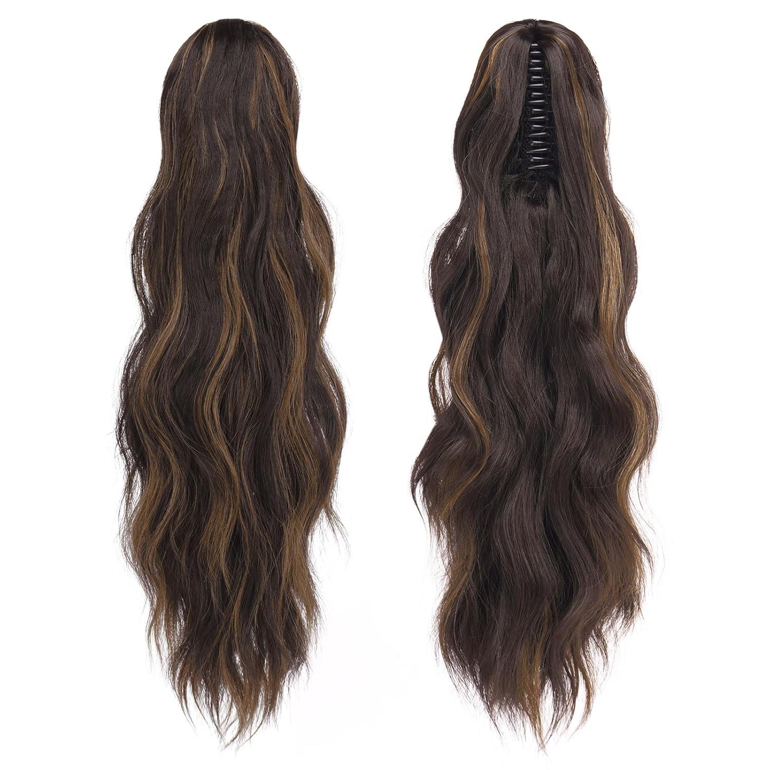 imageFESHFEN Ponytail Extensions Long Claw Clip in Ponytail Hairpiece Synthetic Pony Tails Hair Piece Natural Wavy Hairpieces for Women 20 inch Dirty BlondeBlack Brown Mixed Light Brown
