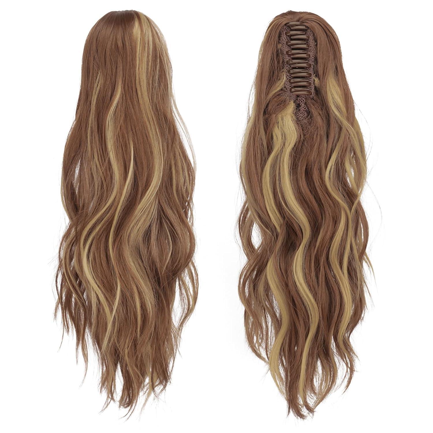 imageFESHFEN Ponytail Extensions Long Claw Clip in Ponytail Hairpiece Synthetic Pony Tails Hair Piece Natural Wavy Hairpieces for Women 20 inch Dirty BlondeBrown Mixed Blonde