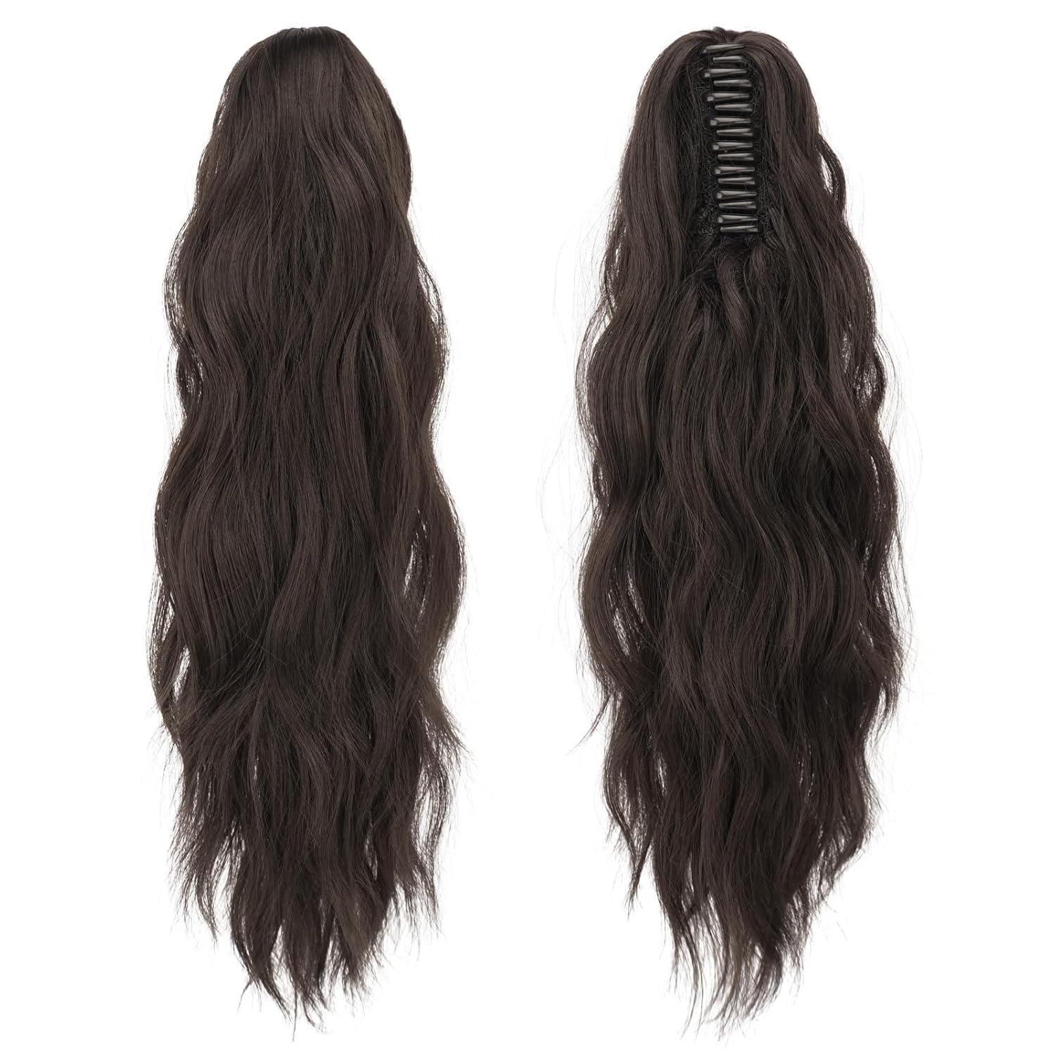 imageFESHFEN Ponytail Extensions Long Claw Clip in Ponytail Hairpiece Synthetic Pony Tails Hair Piece Natural Wavy Hairpieces for Women 20 inch Dirty BlondeDark Brown
