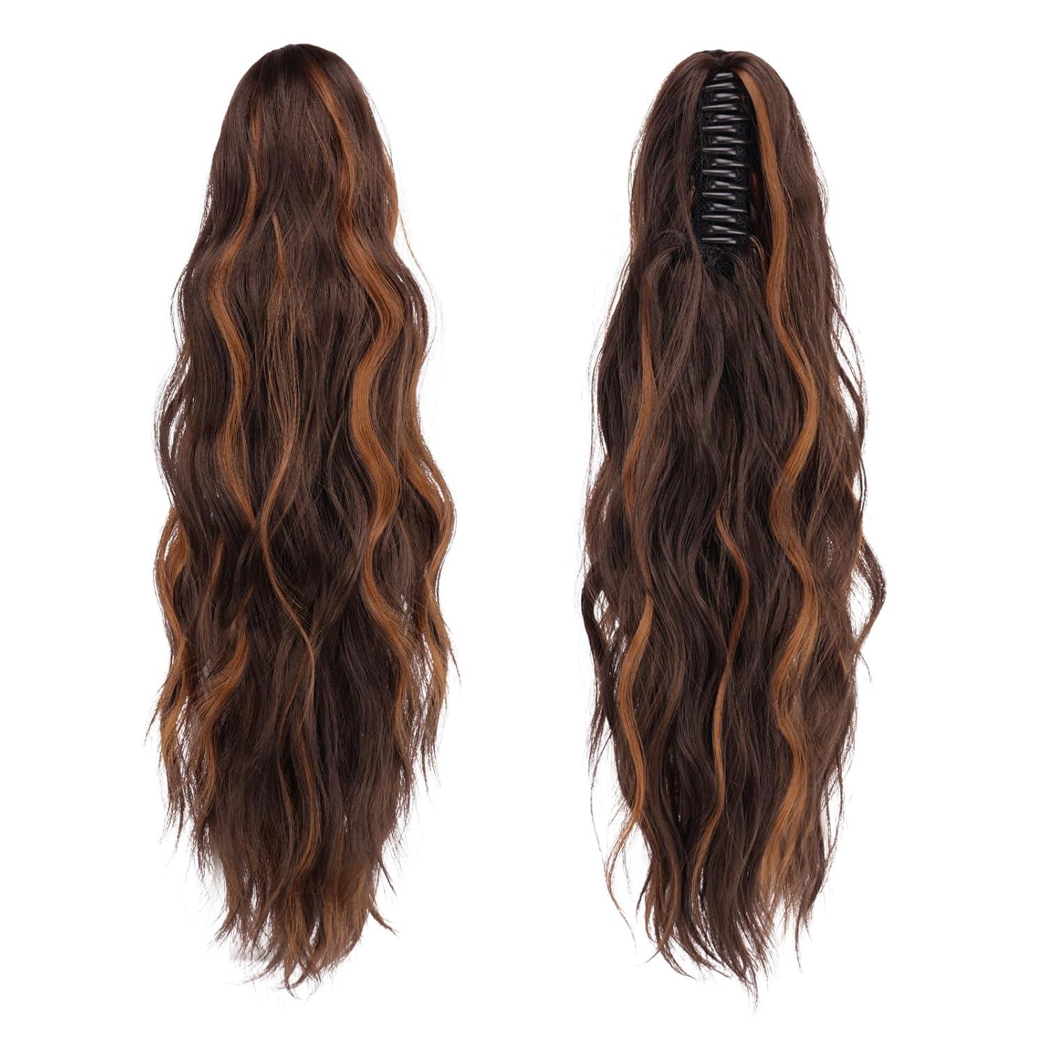 imageFESHFEN Ponytail Extensions Long Claw Clip in Ponytail Hairpiece Synthetic Pony Tails Hair Piece Natural Wavy Hairpieces for Women 20 inch Dirty BlondeDark Brown and Light Auburn