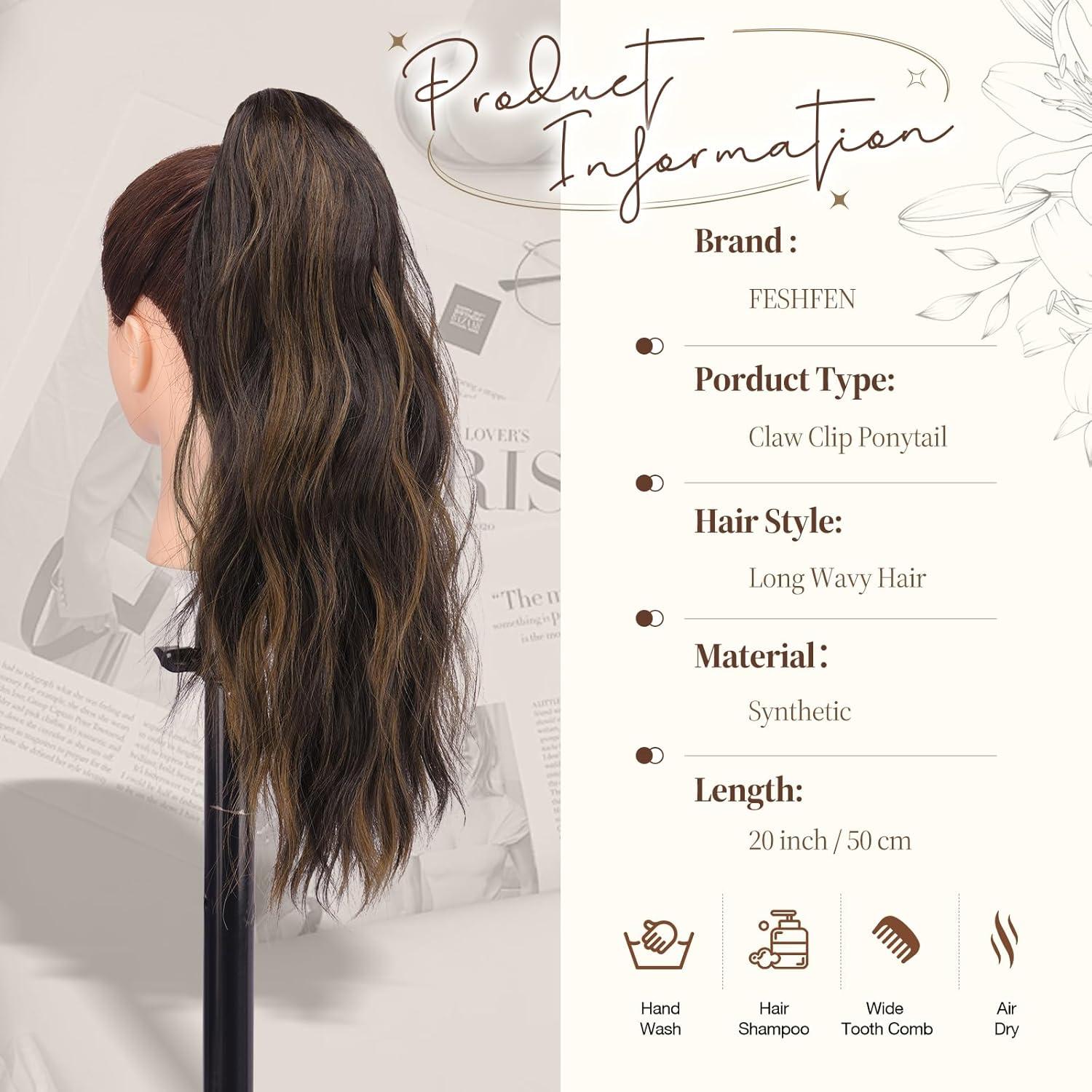 imageFESHFEN Ponytail Extensions Long Claw Clip in Ponytail Hairpiece Synthetic Pony Tails Hair Piece Natural Wavy Hairpieces for Women 20 inch Dirty BlondeBlack Brown Mixed Light Brown