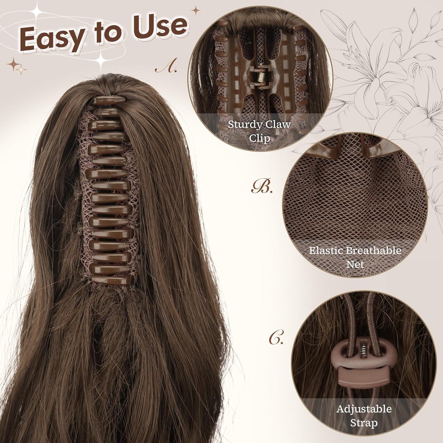 imageFESHFEN Ponytail Extensions Long Claw Clip in Ponytail Hairpiece Synthetic Pony Tails Hair Piece Natural Wavy Hairpieces for Women 20 inch Dirty BlondeChestnut Brown