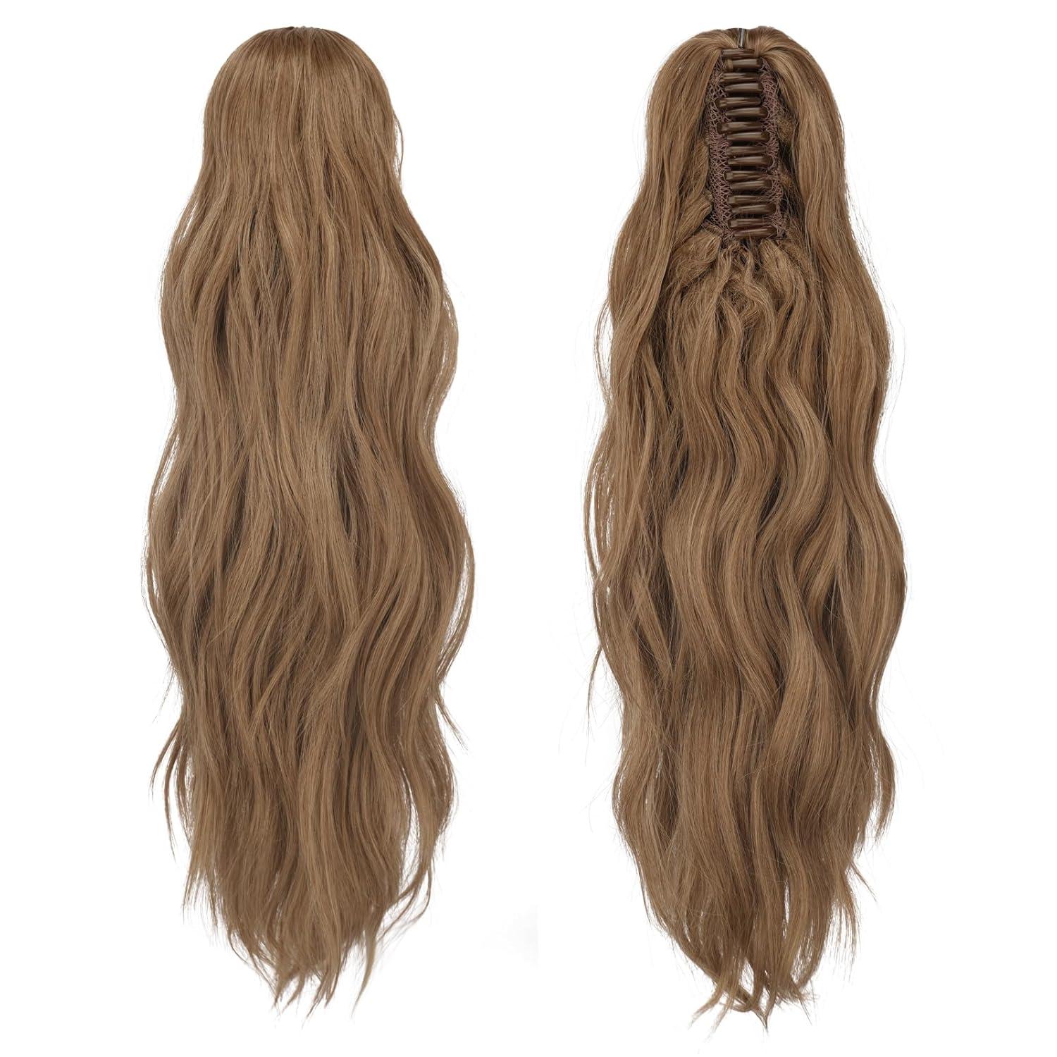 imageFESHFEN Ponytail Extensions Long Claw Clip in Ponytail Hairpiece Synthetic Pony Tails Hair Piece Natural Wavy Hairpieces for Women 20 inch Dirty BlondeBrown Blonde