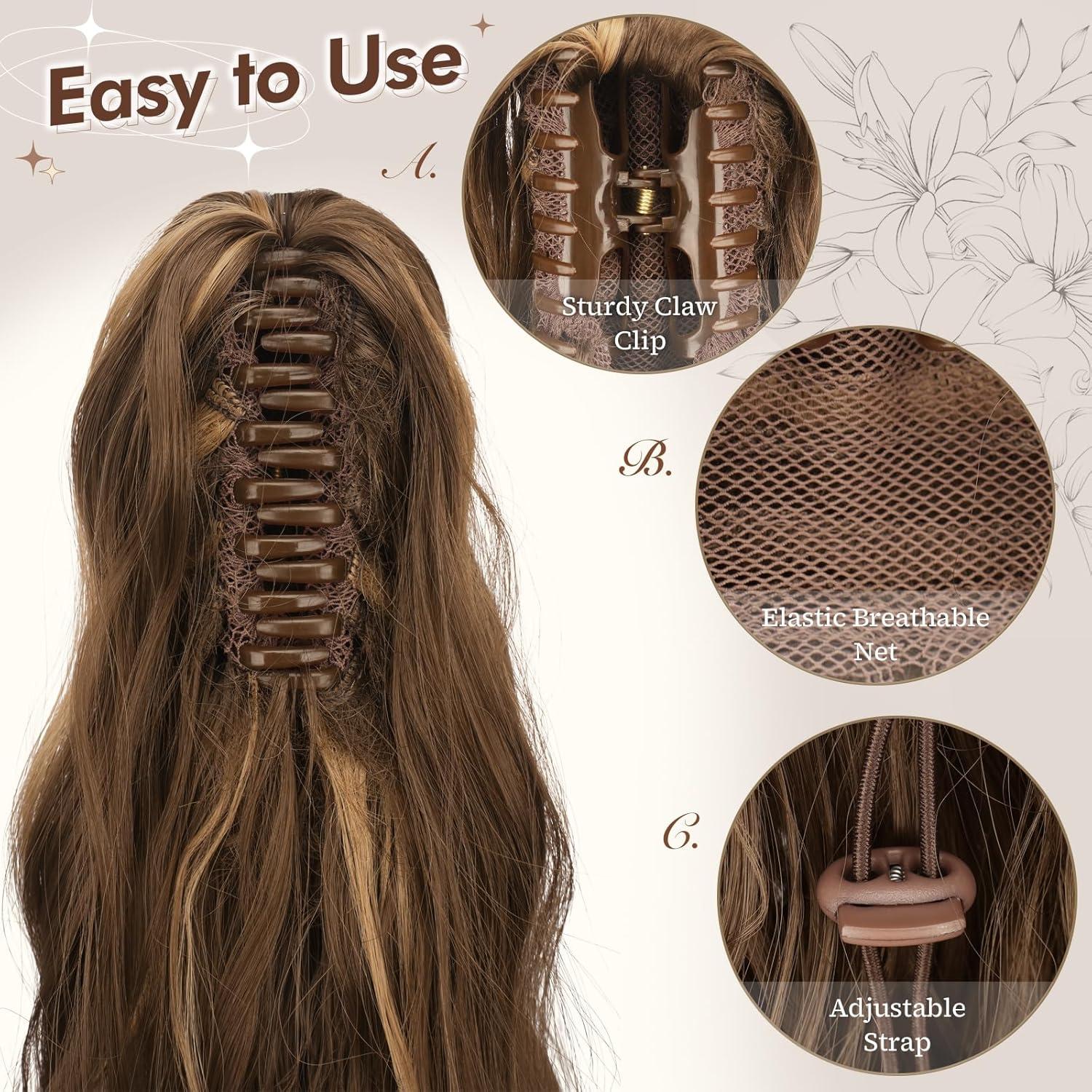 imageFESHFEN Ponytail Extensions Long Claw Clip in Ponytail Hairpiece Synthetic Pony Tails Hair Piece Natural Wavy Hairpieces for Women 20 inch Dirty BlondeHoney Blonde Mixed Light Brown