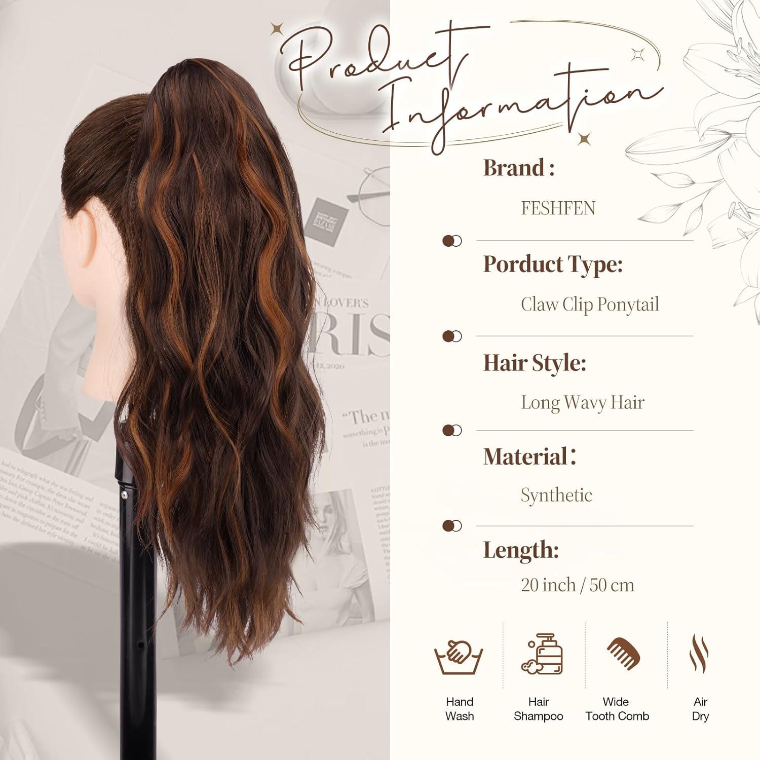imageFESHFEN Ponytail Extensions Long Claw Clip in Ponytail Hairpiece Synthetic Pony Tails Hair Piece Natural Wavy Hairpieces for Women 20 inch Dirty BlondeDark Brown and Light Auburn