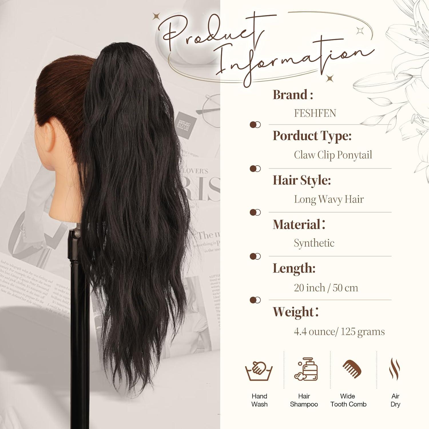 imageFESHFEN Ponytail Extensions Long Claw Clip in Ponytail Hairpiece Synthetic Pony Tails Hair Piece Natural Wavy Hairpieces for Women 20 inch Dirty BlondeBlack Brown