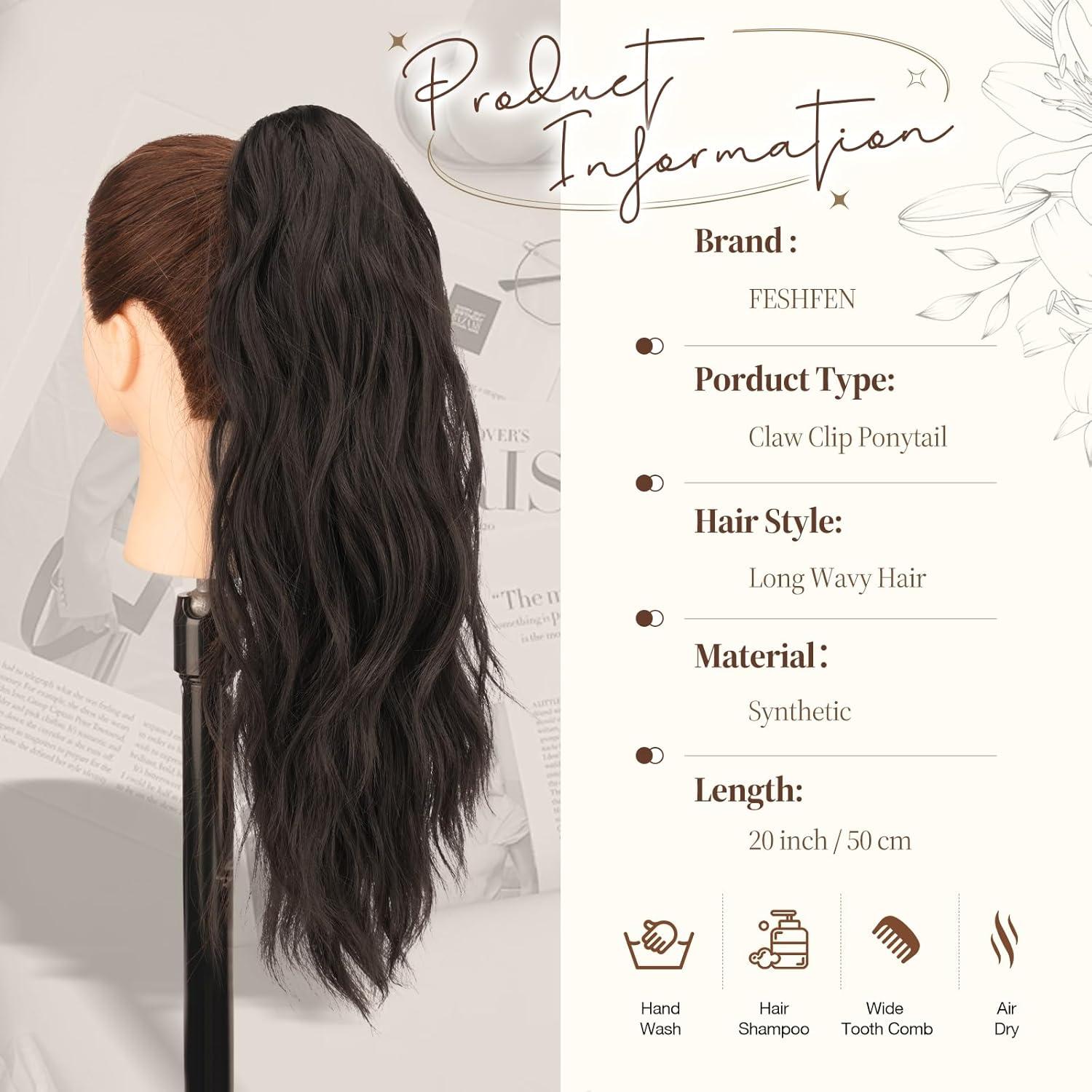 imageFESHFEN Ponytail Extensions Long Claw Clip in Ponytail Hairpiece Synthetic Pony Tails Hair Piece Natural Wavy Hairpieces for Women 20 inch Dirty BlondeDark Brown