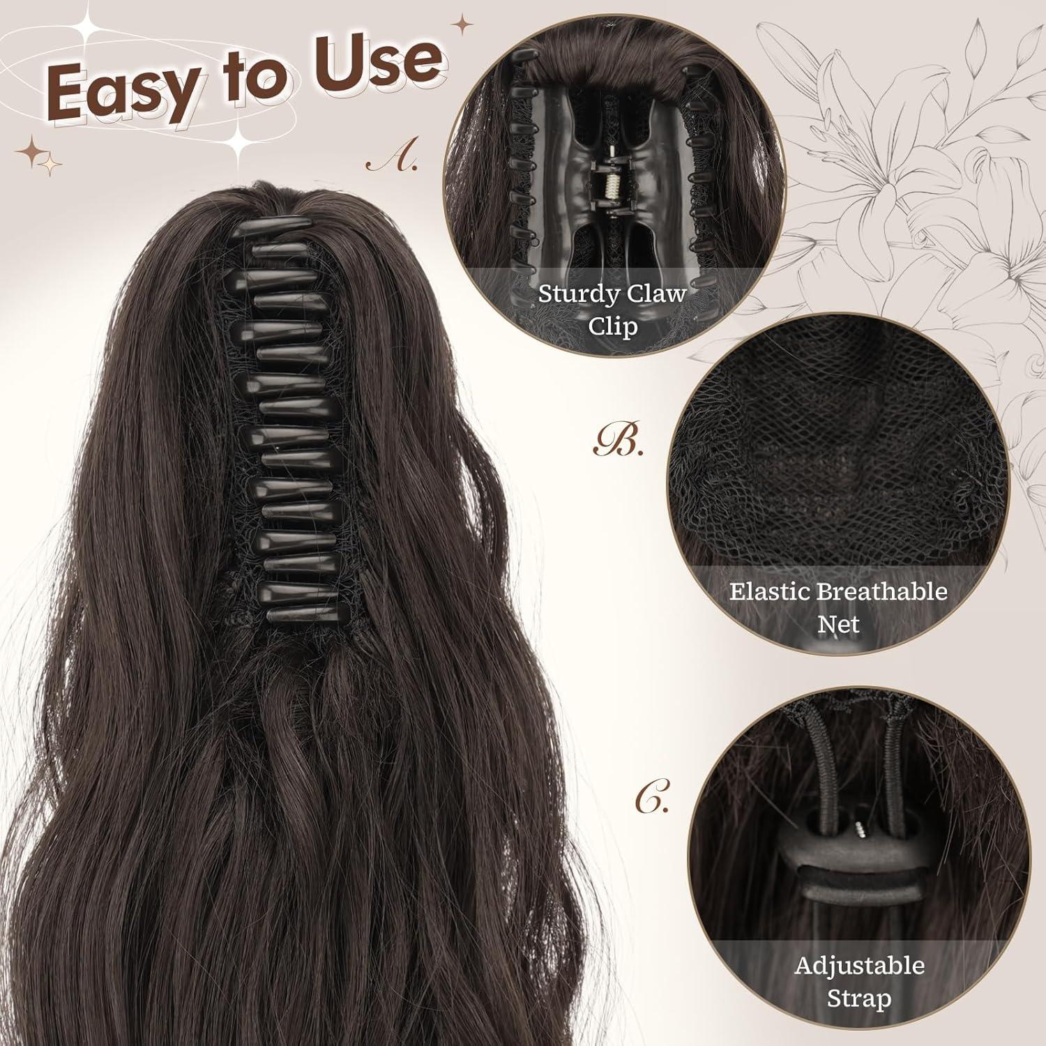 imageFESHFEN Ponytail Extensions Long Claw Clip in Ponytail Hairpiece Synthetic Pony Tails Hair Piece Natural Wavy Hairpieces for Women 20 inch Dirty BlondeDark Brown