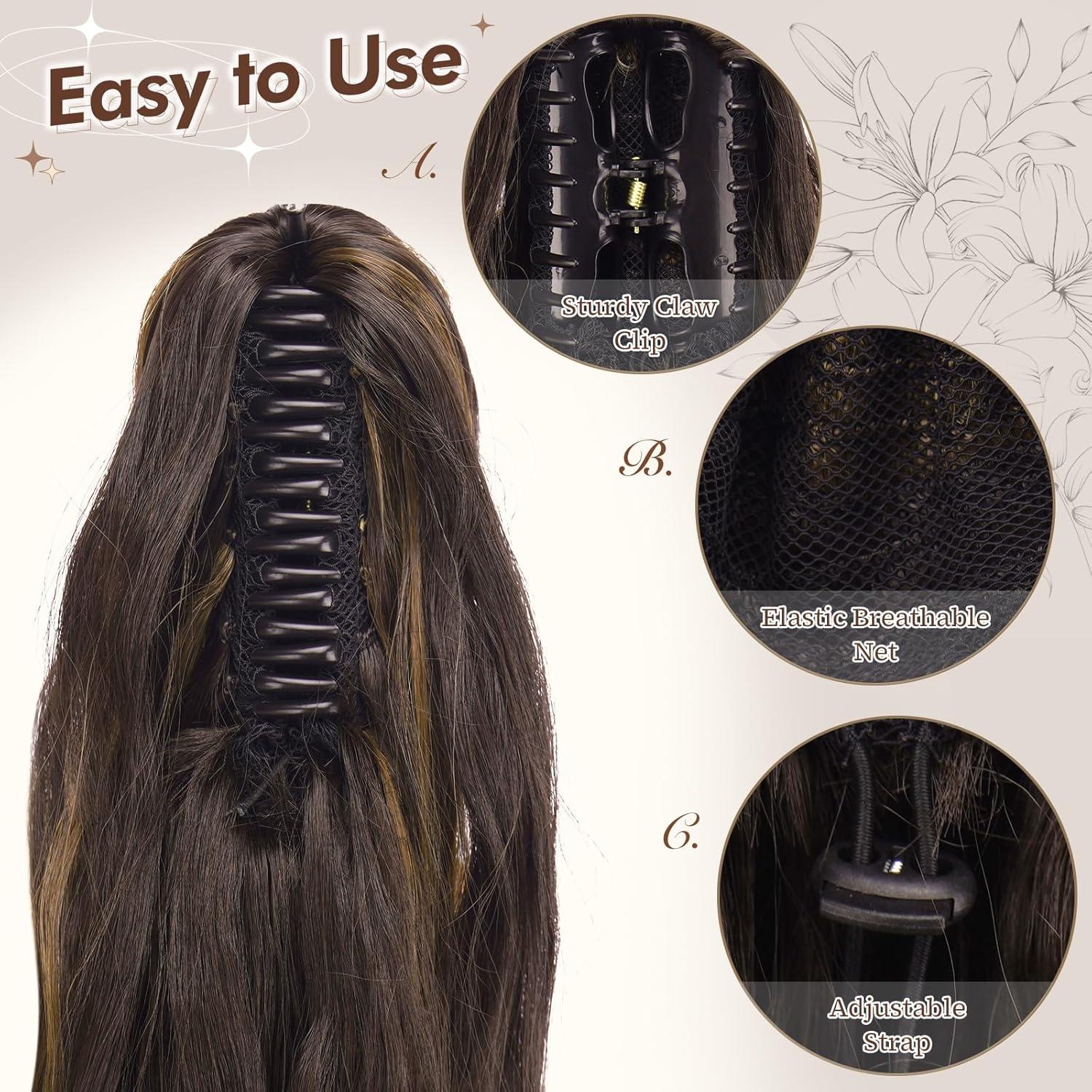 imageFESHFEN Ponytail Extensions Long Claw Clip in Ponytail Hairpiece Synthetic Pony Tails Hair Piece Natural Wavy Hairpieces for Women 20 inch Dirty BlondeBlack Brown Mixed Light Brown