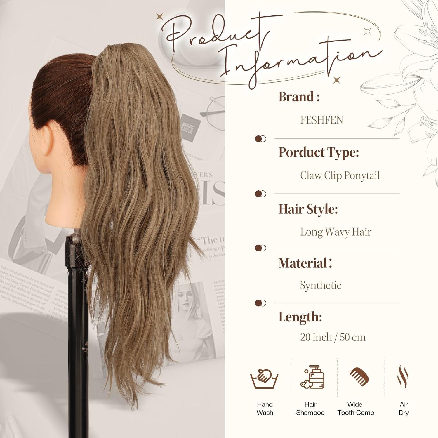 imageFESHFEN Ponytail Extensions Long Claw Clip in Ponytail Hairpiece Synthetic Pony Tails Hair Piece Natural Wavy Hairpieces for Women 20 inch Dirty BlondeBrown Blonde