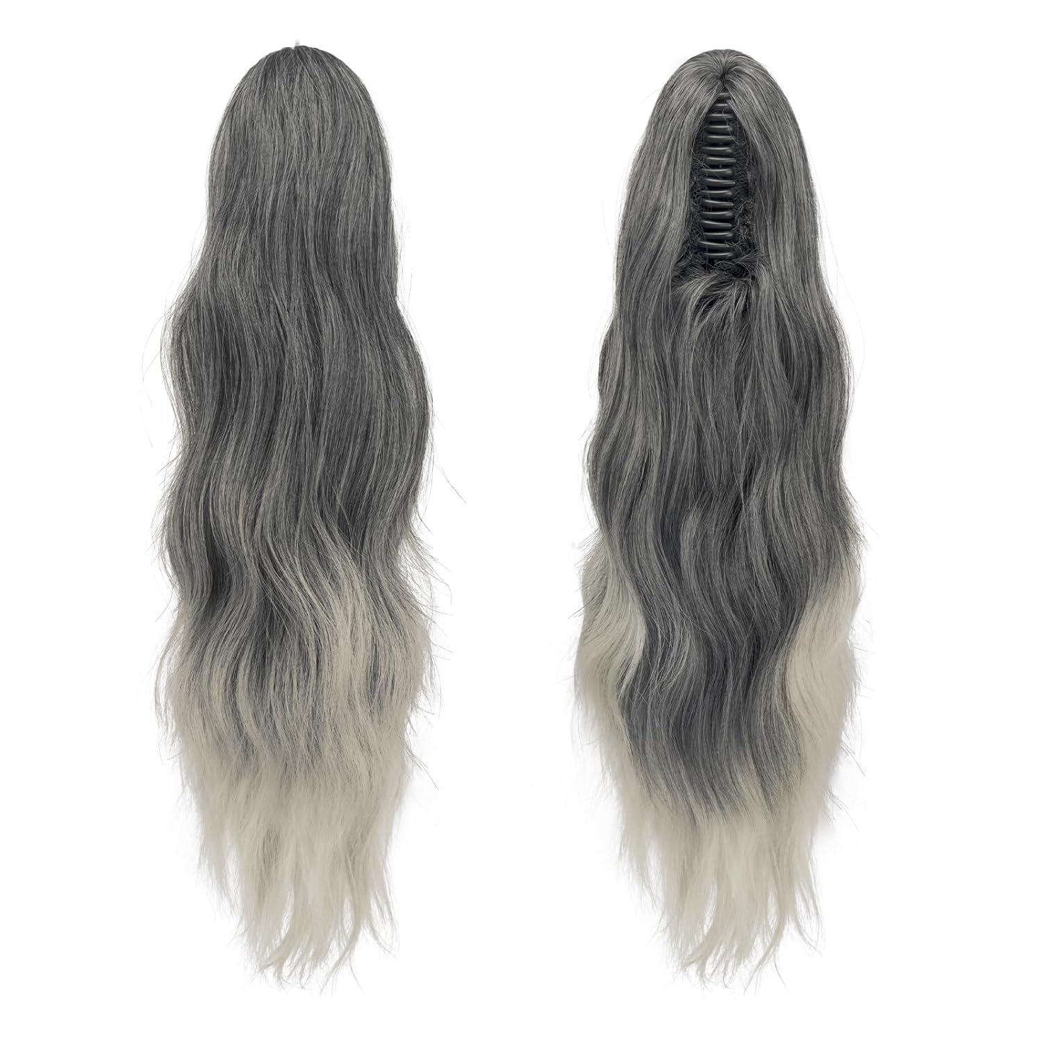 imageFESHFEN Ponytail Extensions Long Claw Clip in Ponytail Hairpiece Synthetic Pony Tails Hair Piece Natural Wavy Hairpieces for Women 20 inch Dirty BlondeBlack Gray and White Tips