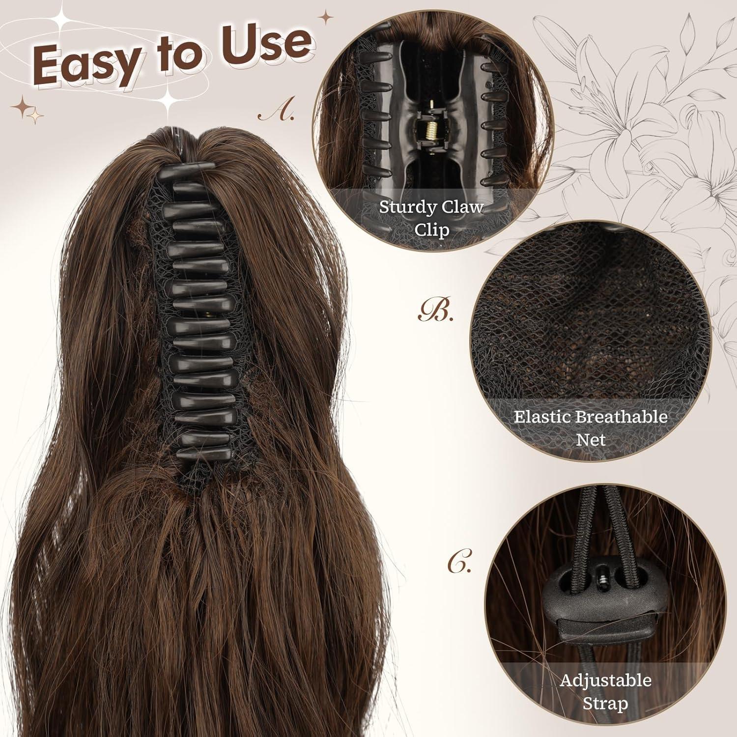 imageFESHFEN Ponytail Extensions Long Claw Clip in Ponytail Hairpiece Synthetic Pony Tails Hair Piece Natural Wavy Hairpieces for Women 20 inch Dirty BlondeBrown Light Auburn Mixed