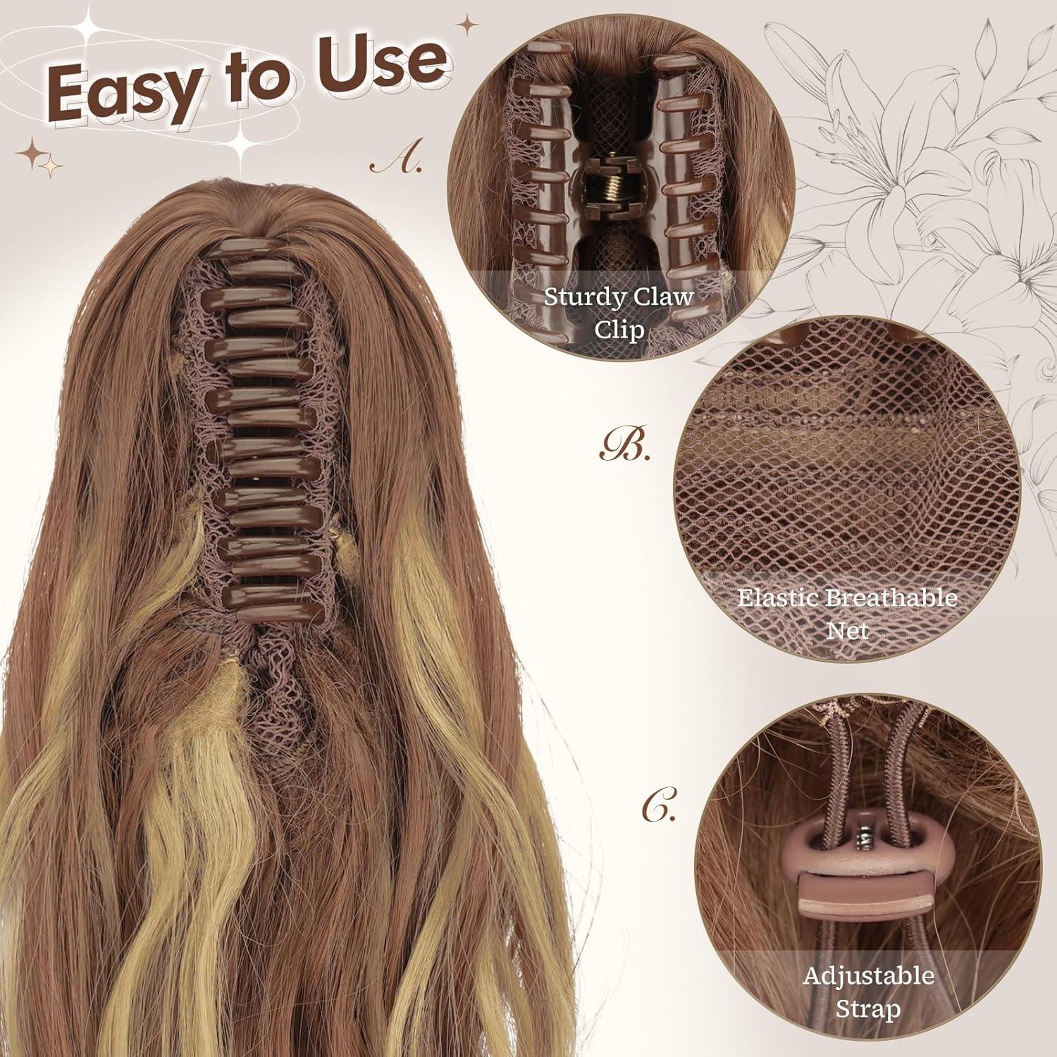 imageFESHFEN Ponytail Extensions Long Claw Clip in Ponytail Hairpiece Synthetic Pony Tails Hair Piece Natural Wavy Hairpieces for Women 20 inch Dirty BlondeBrown Mixed Blonde