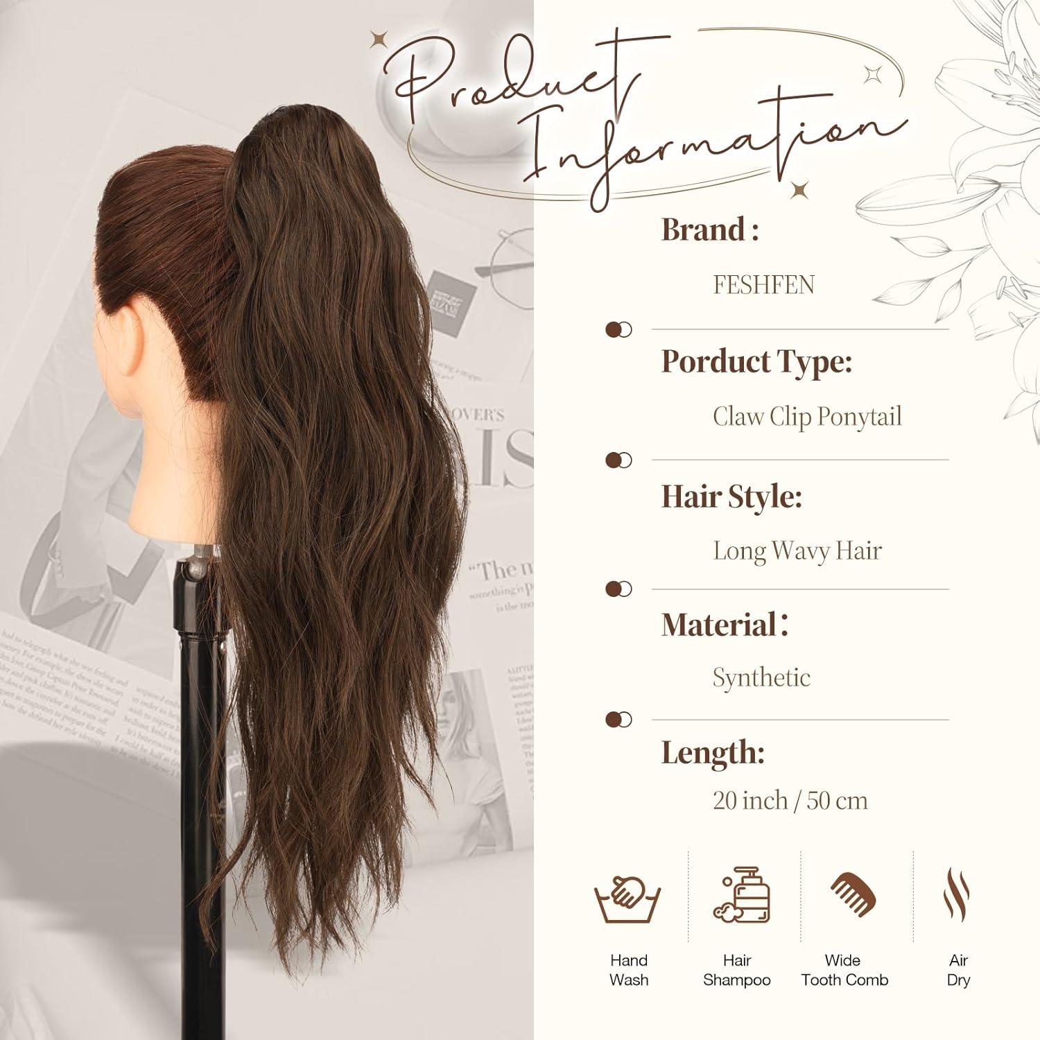 imageFESHFEN Ponytail Extensions Long Claw Clip in Ponytail Hairpiece Synthetic Pony Tails Hair Piece Natural Wavy Hairpieces for Women 20 inch Dirty BlondeBrown Light Auburn Mixed