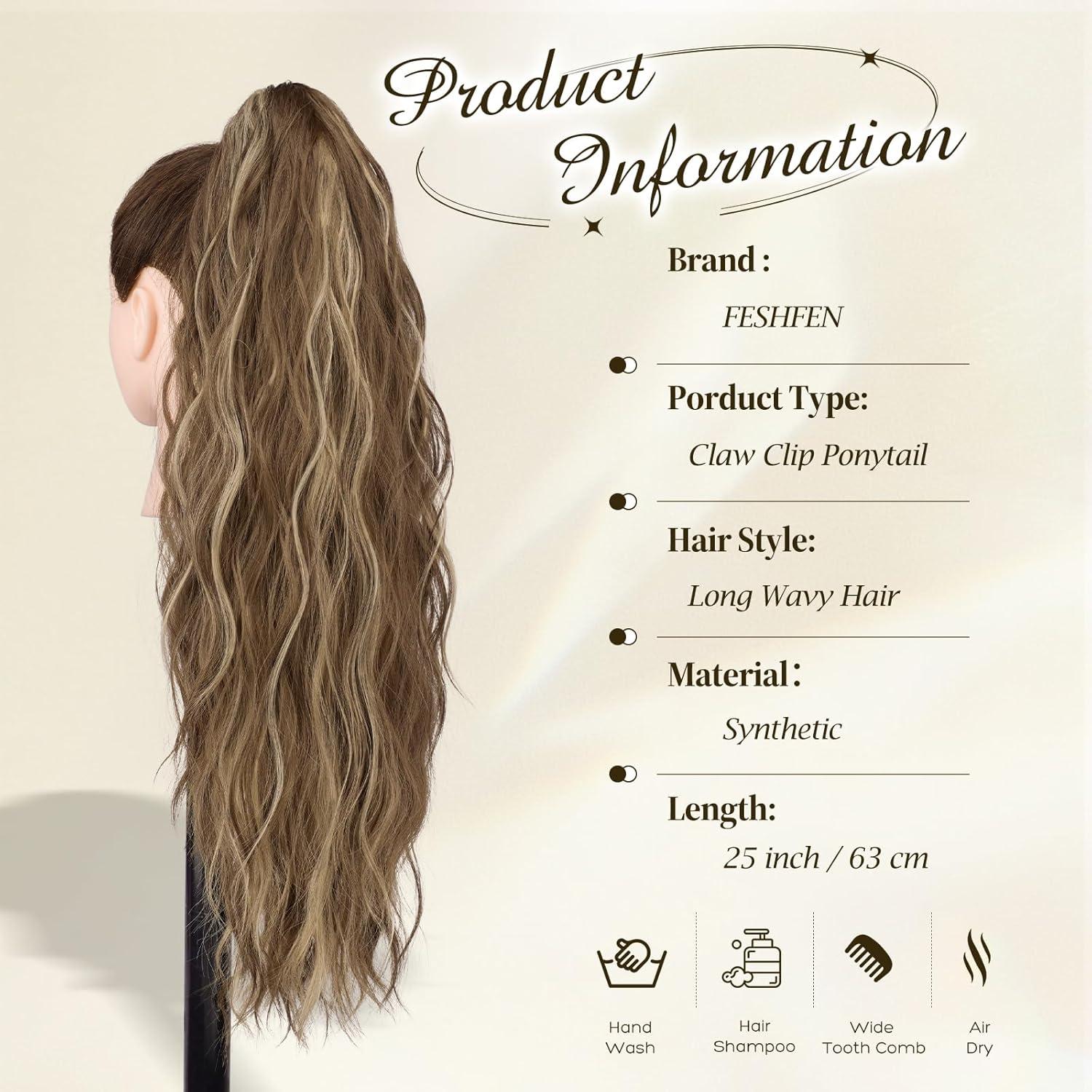 imageFESHFEN Ponytail Extensions Long Claw Clip in Ponytail Hairpiece Synthetic Pony Tails Hair Piece Natural Wavy Hairpieces for Women 20 inch Dirty Blonde12H29 Light Brown Blonde