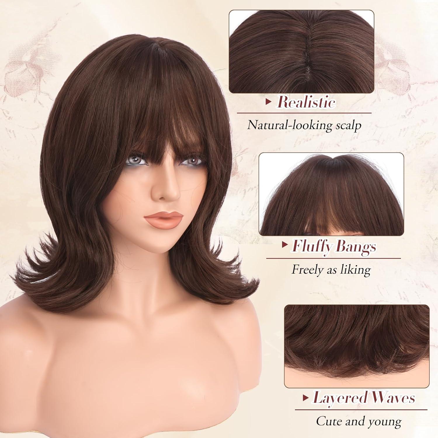 imageFESHFEN Shoulder Length Bob Wigs with Bangs for Women Brown Mixed Honey Blonde Natural Layered Wavy Synthetic Wig For Daily Party Costume Use 14 InchReddish Brown