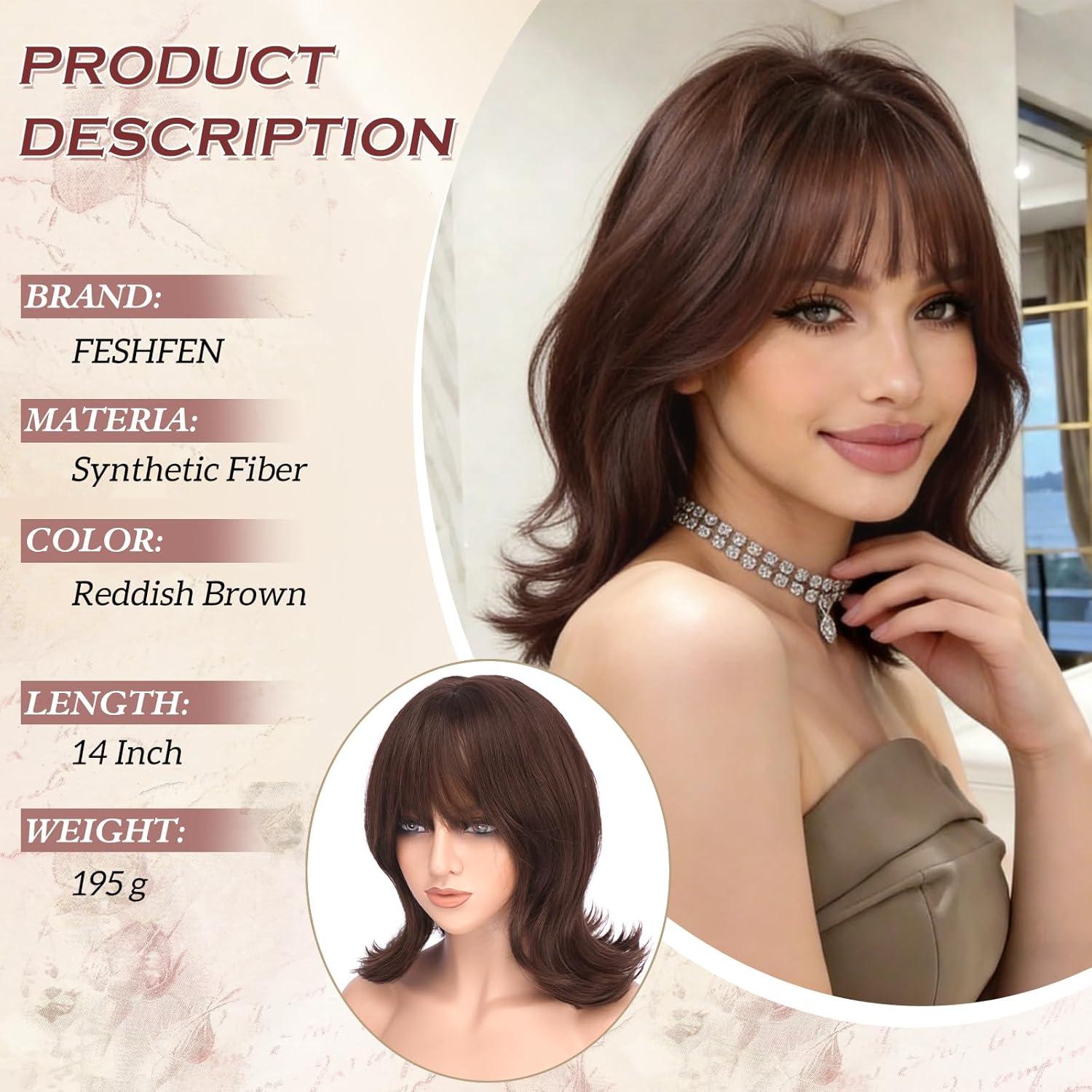 imageFESHFEN Shoulder Length Bob Wigs with Bangs for Women Brown Mixed Honey Blonde Natural Layered Wavy Synthetic Wig For Daily Party Costume Use 14 InchReddish Brown